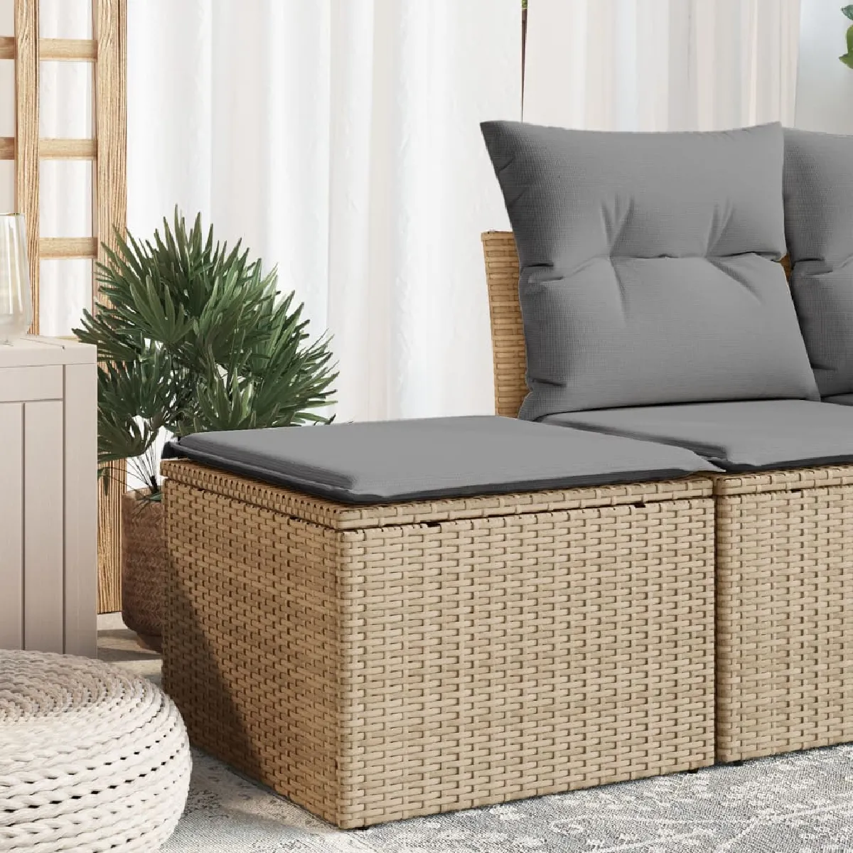 vidaXL Tabouret de jardin avec coussin Beige Résine tressée