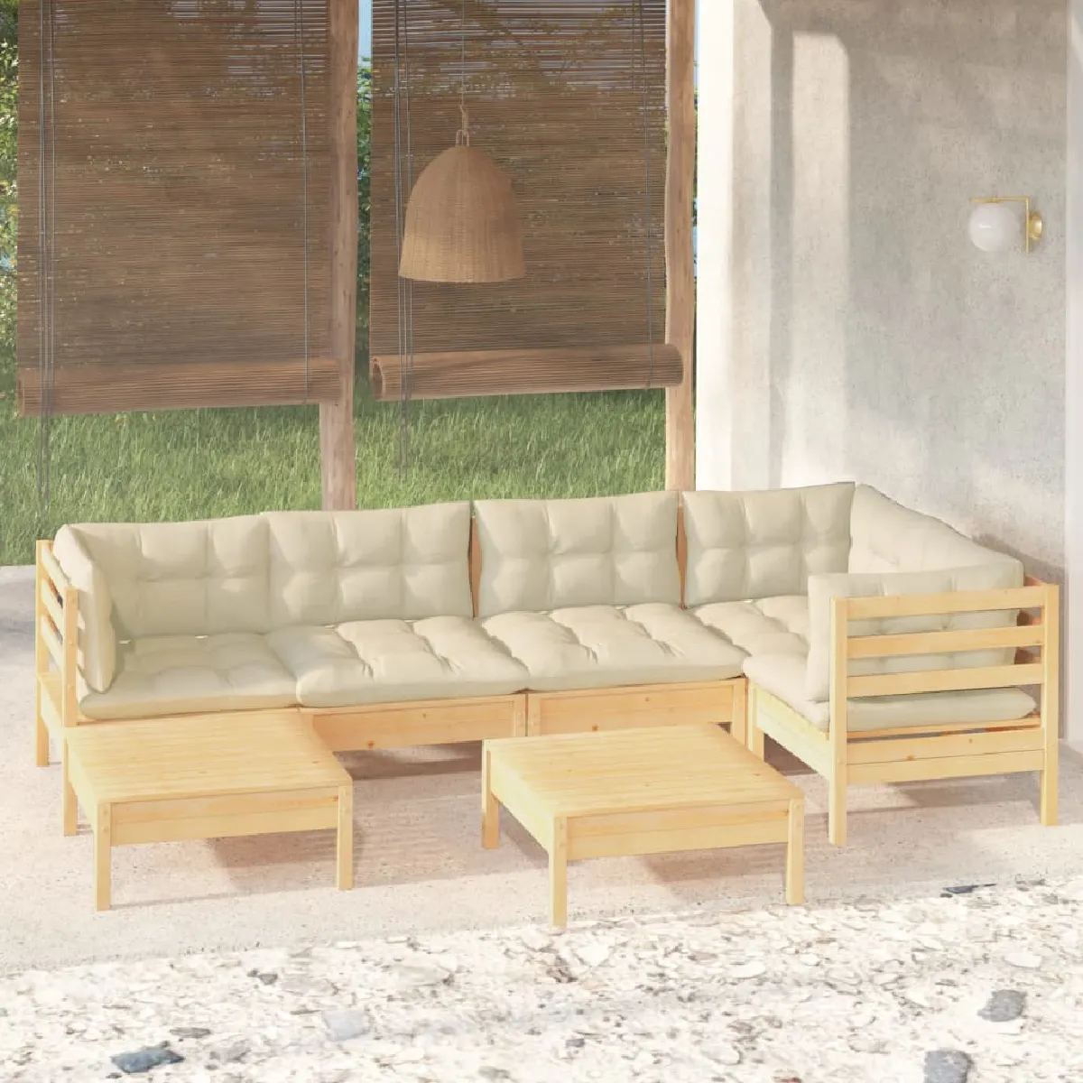 Salon de jardin 7 pcs avec coussins crème bois d'acacia vidaXL - vue 10
