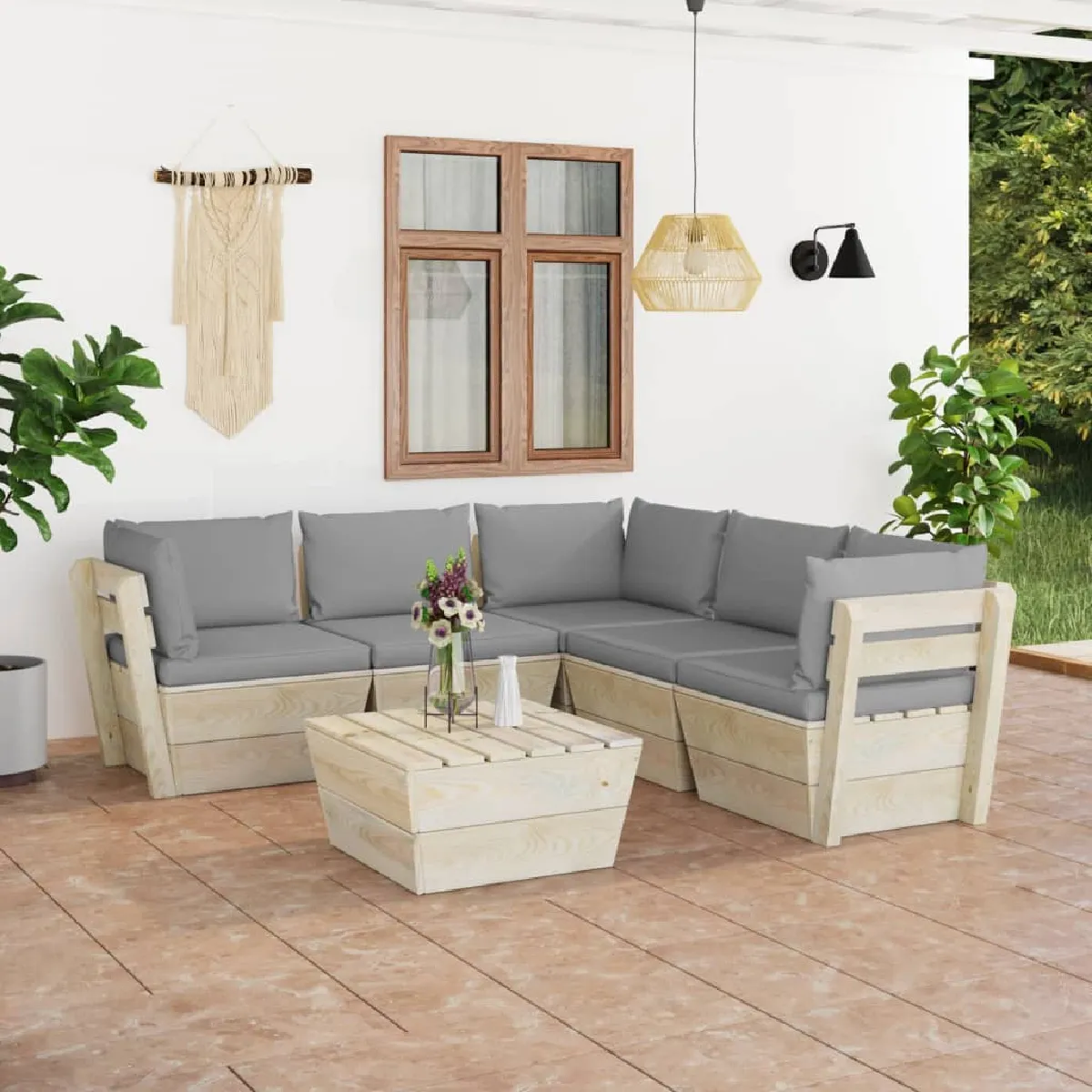 vidaXL Epicéa Imprégné Salon de Jardin Palette 6 pcs avec Coussins Meubles d'Extérieur Mobilier de Jardin Mobilier de Patio 3063520 - vue 3
