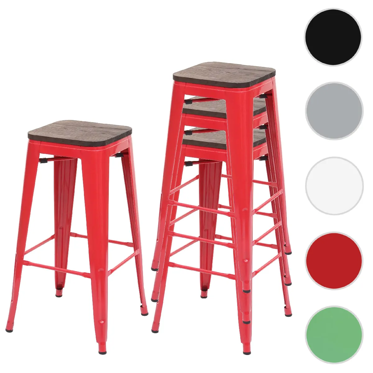 Mendler Tabouret de bar industriel lot de 4 - Rouge