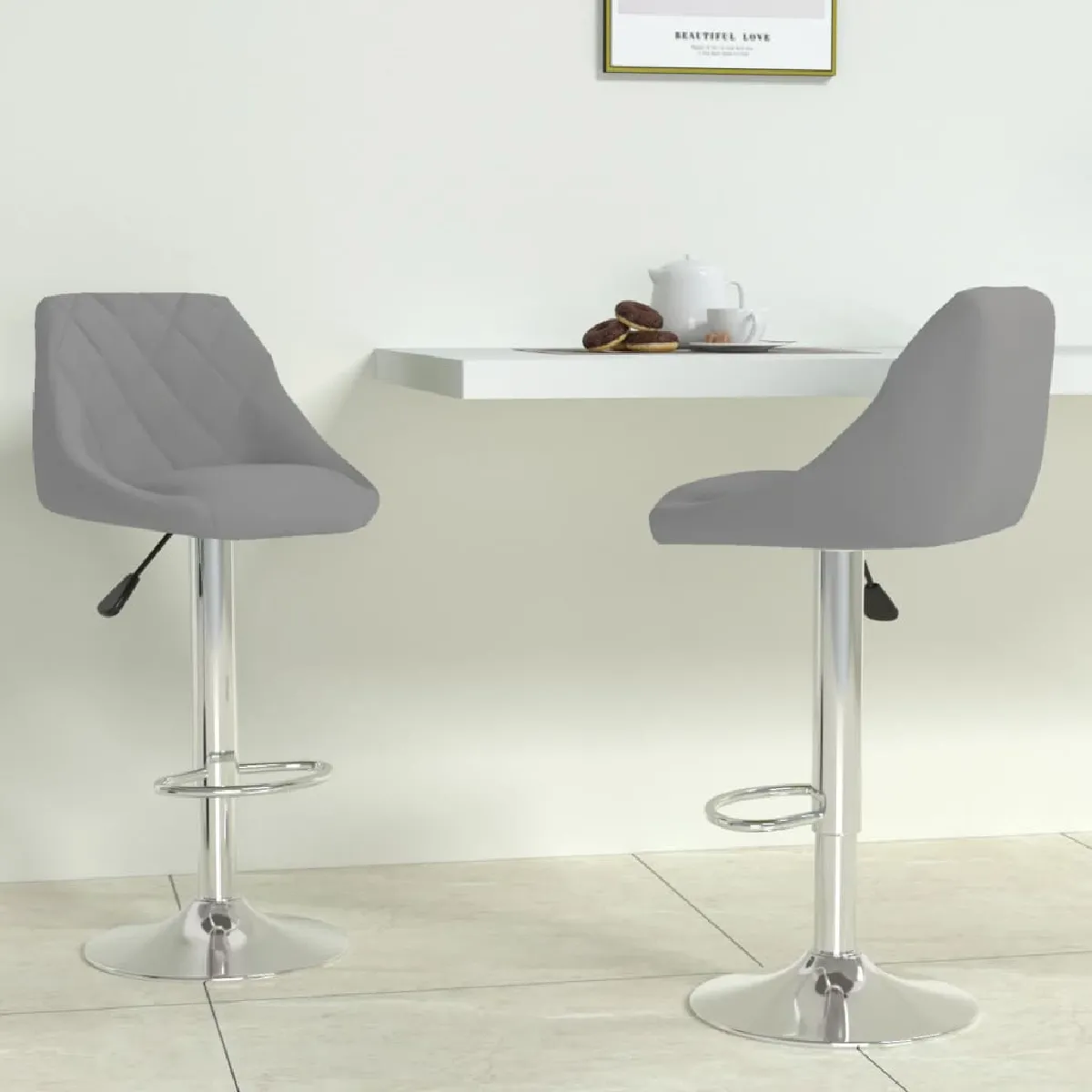 Non Communiqué Gris Clair Tabourets De Bar Lot De 2 Velours - Image 2