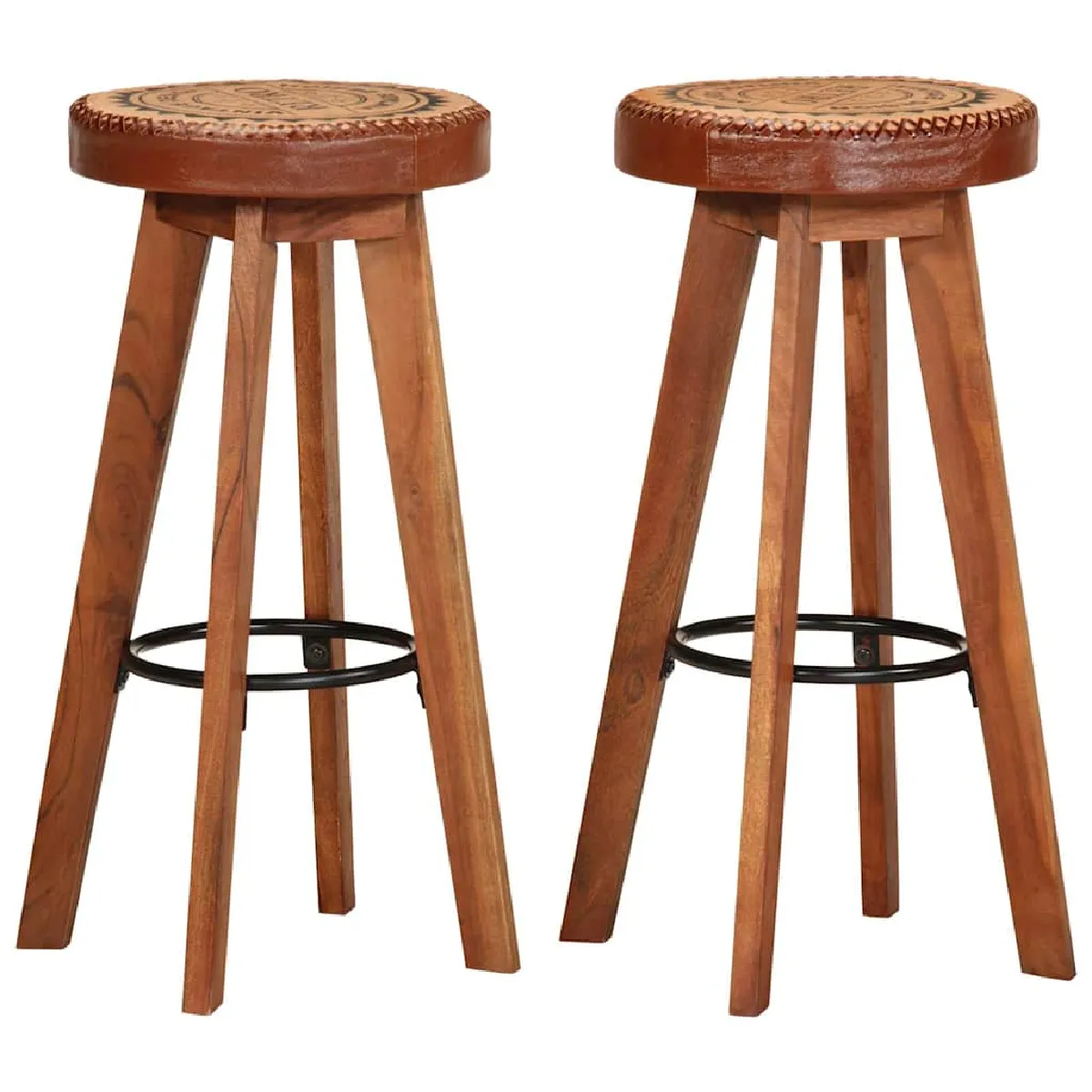 Non Communiqué Bois Tabourets De Bar 2 Pcs Cuir Véritable Et D Acacia Solide - Image 3