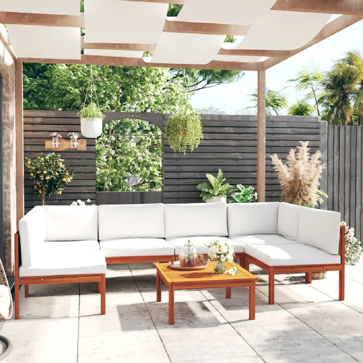 vidaXL Salon de jardin 7 pcs Coussins Crème Bois d'acacia - vue 2