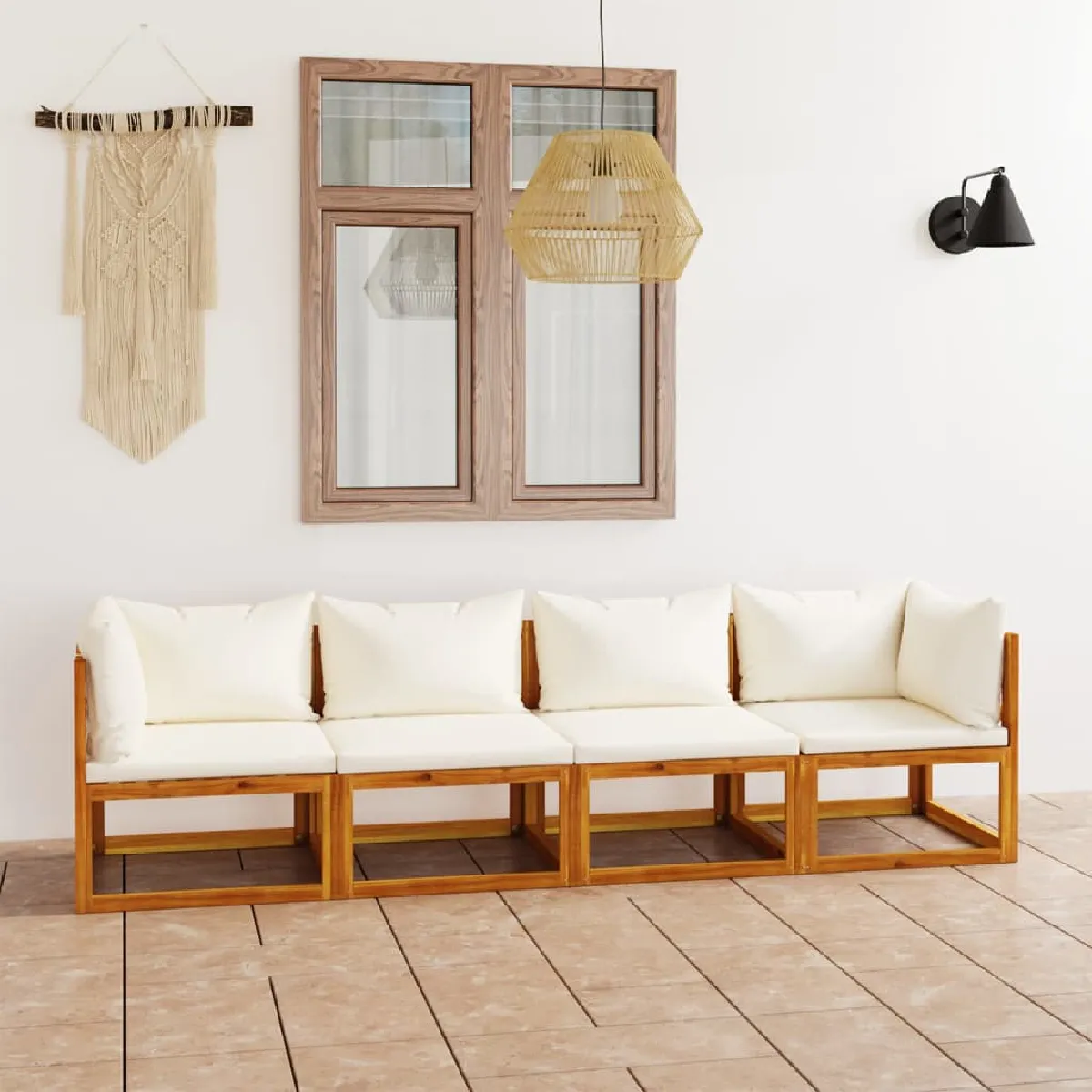 Canapé de jardin VIDAXL 4 places Bois d'acacia Coussin Crème Résistant aux intempéries - vue 2