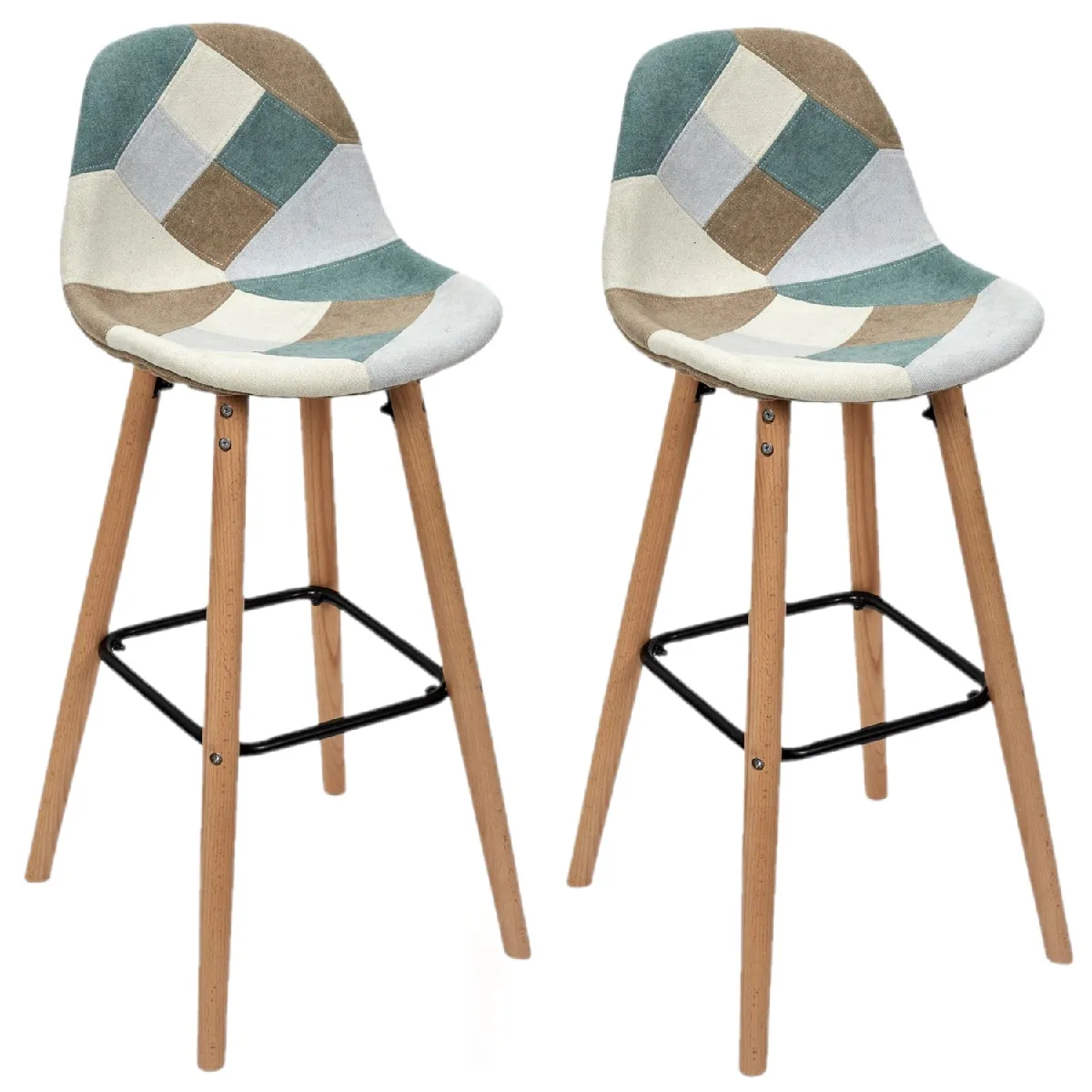 Lot de 2 Tabourets de bar Patchwork - Bleu clair et Blanc Lot de 2 Tabourets de bar Patchwork - Bleu clair et Blanc