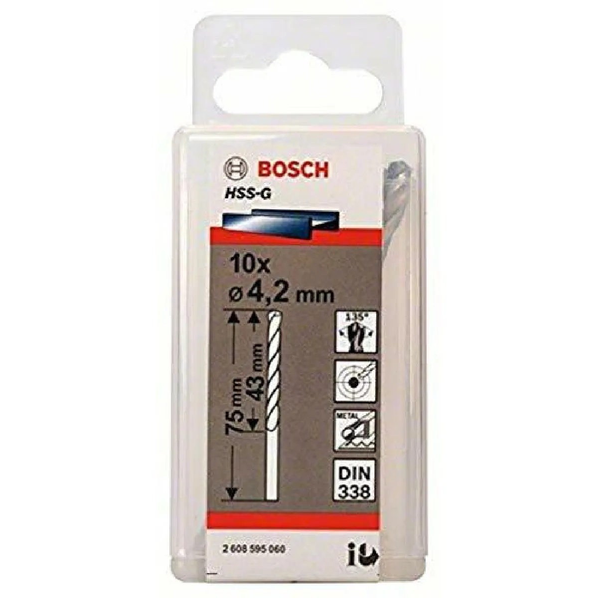Foret À Métaux HSS-G Bosch 2608595060 – Ø 4,2 mm, Lot de 10, Longueur 75 mm