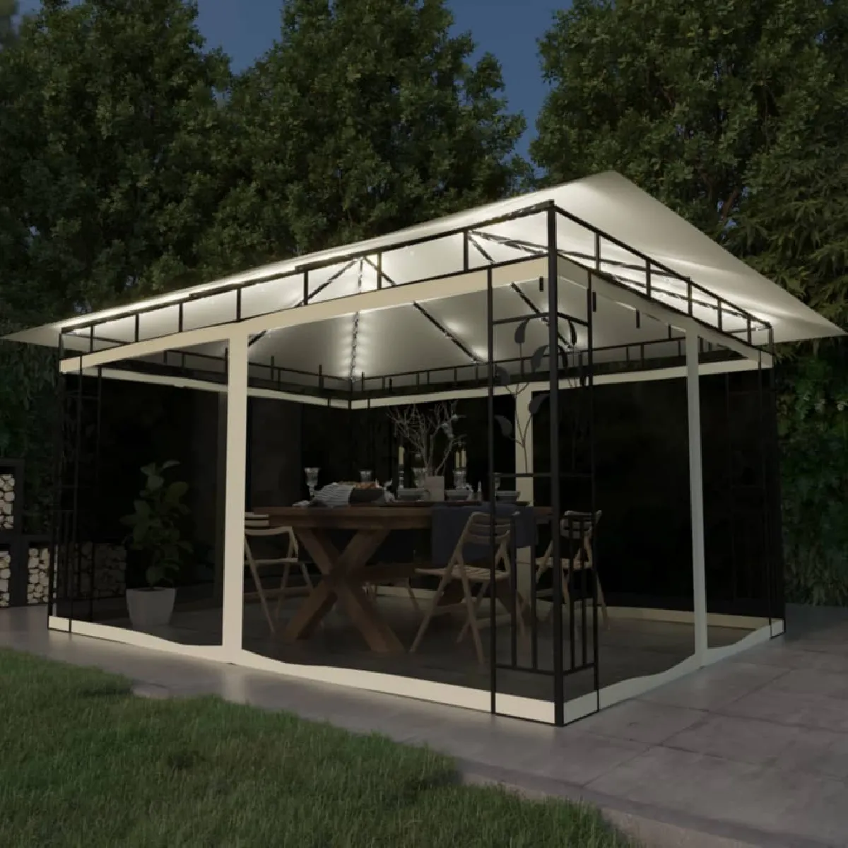 vidaXL Tonnelle avec Moustiquaire et Lumières Belvédère de Jardin Pavillon d'Extérieur Tente de Réception Chapiteau Barbecue - vue 2