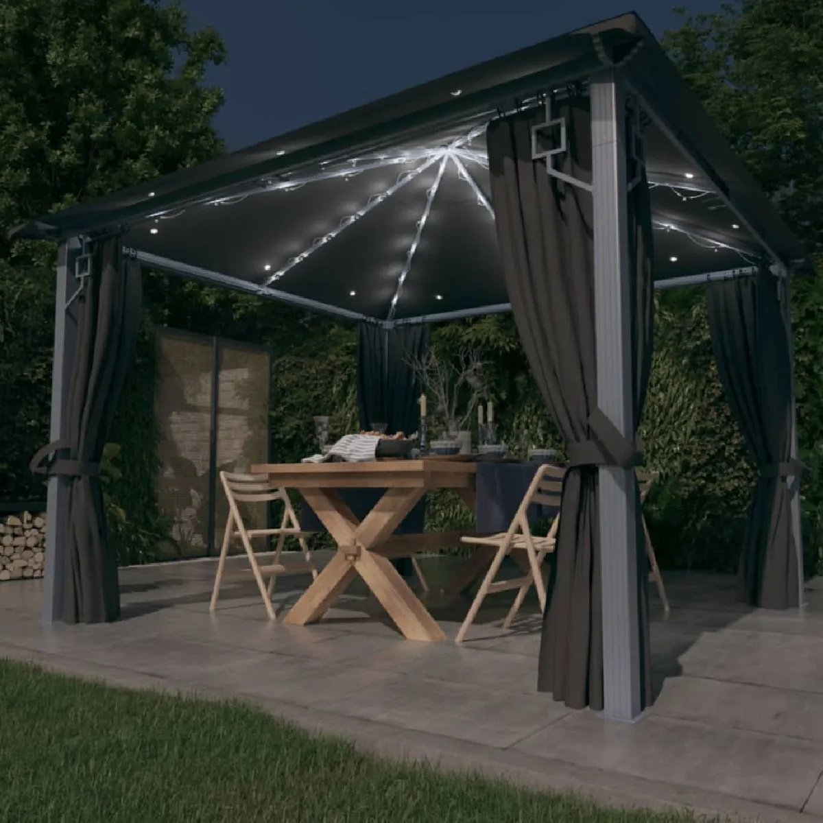Vidaxl Tonnelle avec rideau et lumières LED 3x3 m Anthracite Aluminium 3070333
