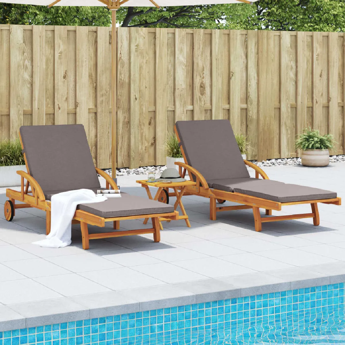 vidaXL Chaises longues lot de 2 avec coussins 200x68x83 cm bois acacia lit de bronzage chaise longue d'extérieur lit de 3206373 - vue 2