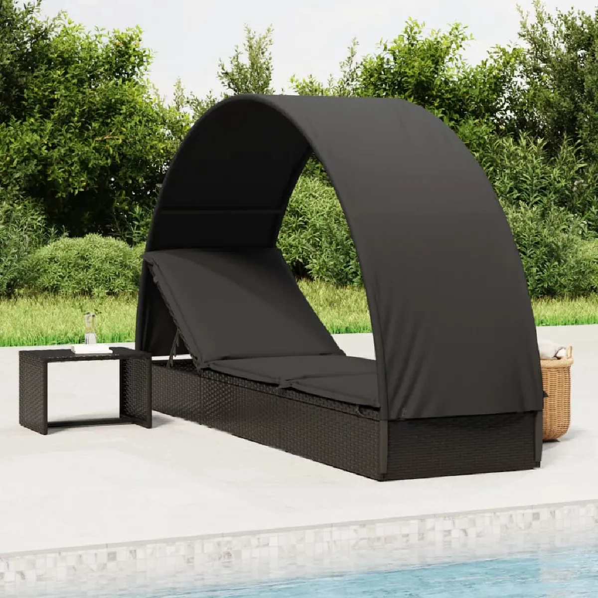 VIDAXL Chaise longue à toit rond - Résine tressée - Noir