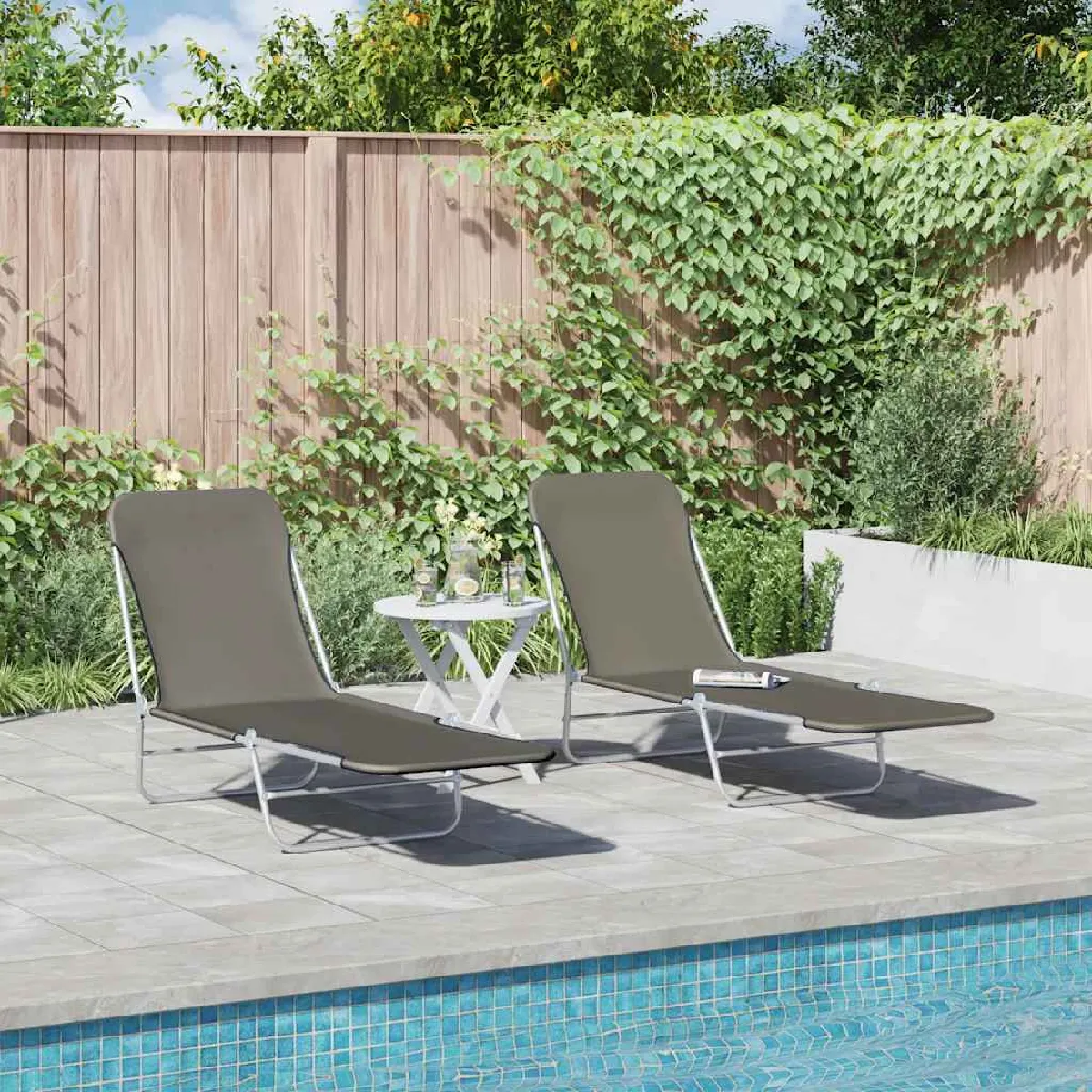 Vidaxl Gris Chaises Longues Pliables Lot De 2 Acier Et Tissu - Image 3