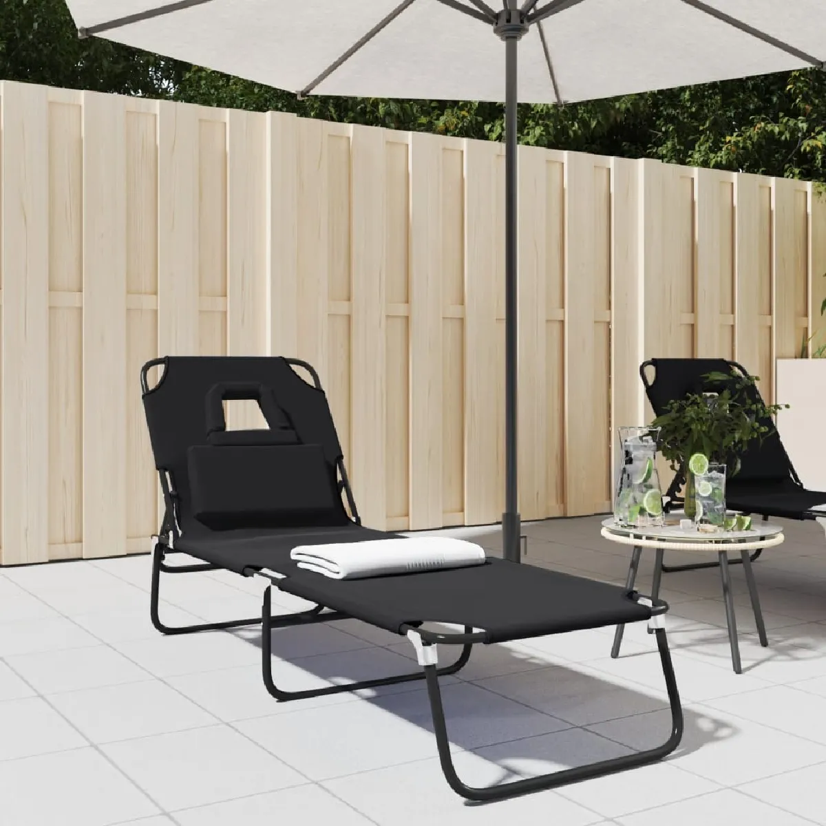Non Communiqué Noir Chaise Longue Pliante Tissu Oxford Acier Enduit De Poudre - Image 3