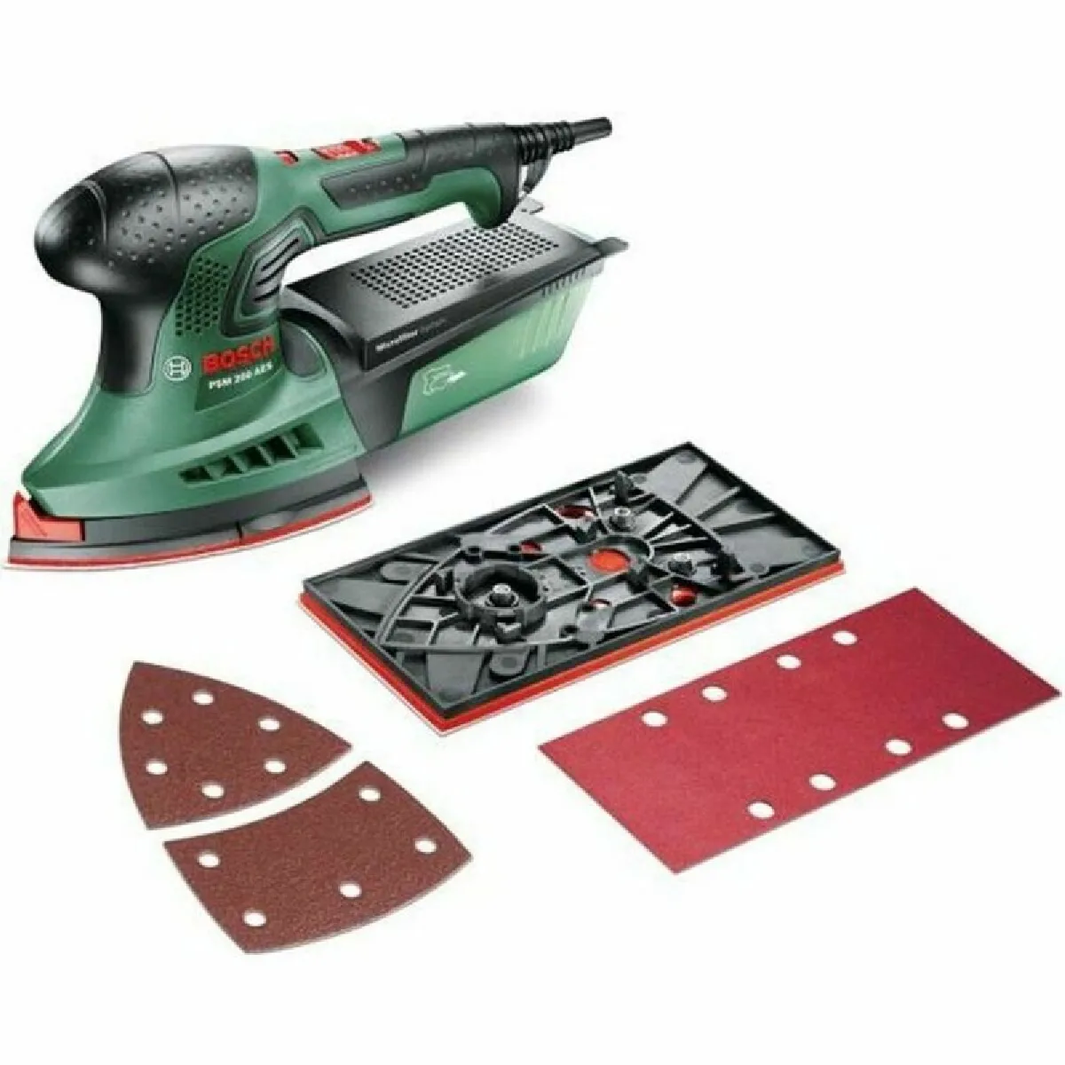 Bosch Home and Garden Ponceuse PSM 200 AES livrée avec 2 feuilles abrasives plateau de Ponçage Rectangulaire coffret de rangement