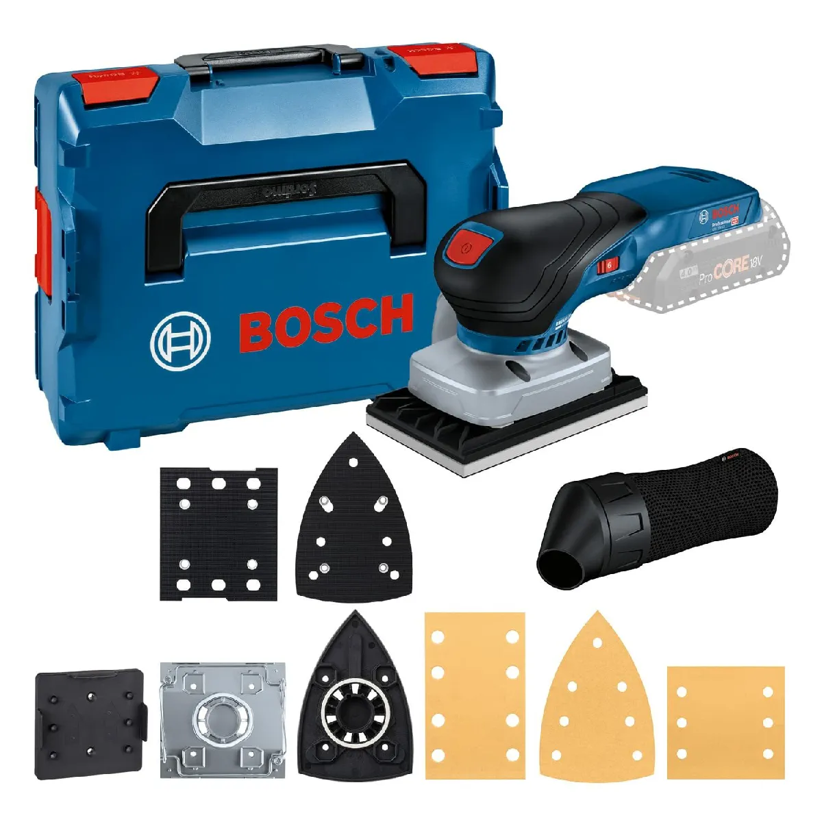 Bosch Professional 18V System ponceuse vibrante sans fil GSS 18V 13 moteur sans avec sac à poussière 3 plateaux 3 feuilles abrasives gabarit de perçage dans BOXX - vue 7