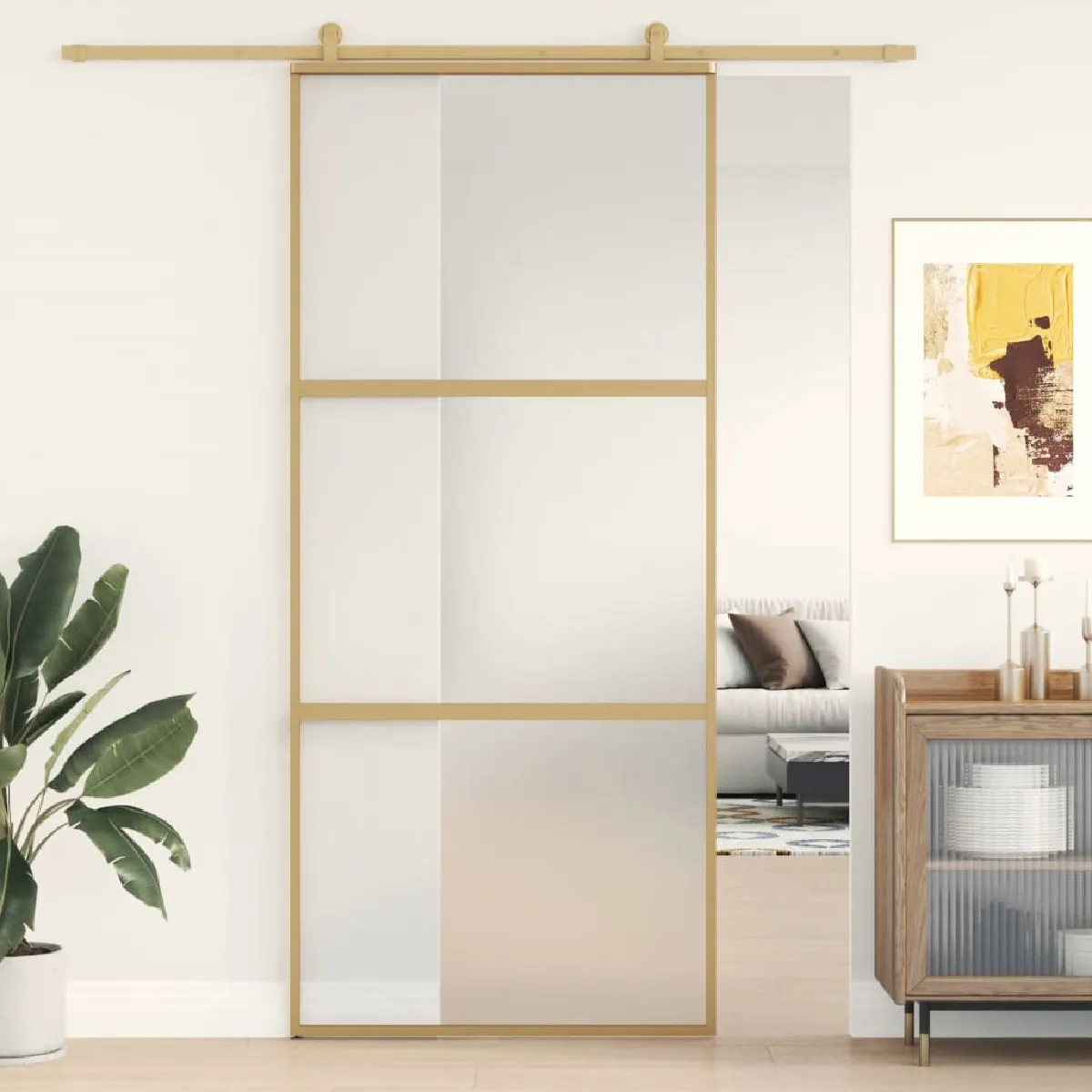 Porte Coulissante 90x205 Cm - Verre ESG Trempé Et Aluminium - Noir - NEUF