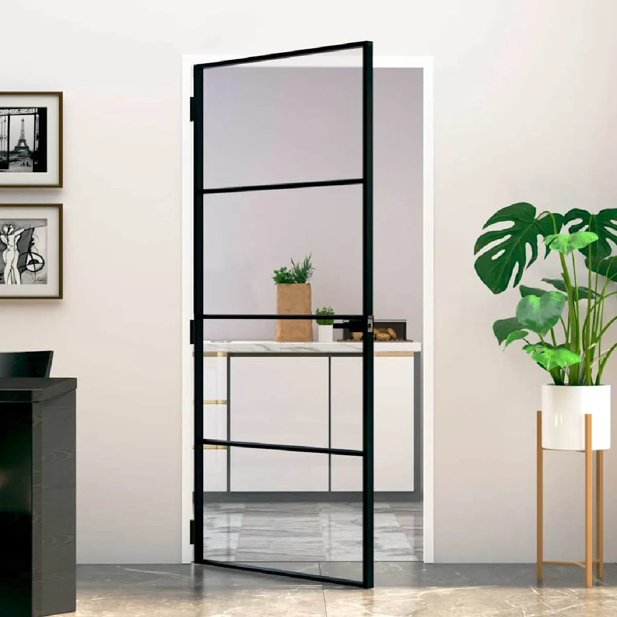 Vidaxl Porte dintérieur Noir 93x201 5 cm Trempé verre aluminium fin 153660 - vue 2