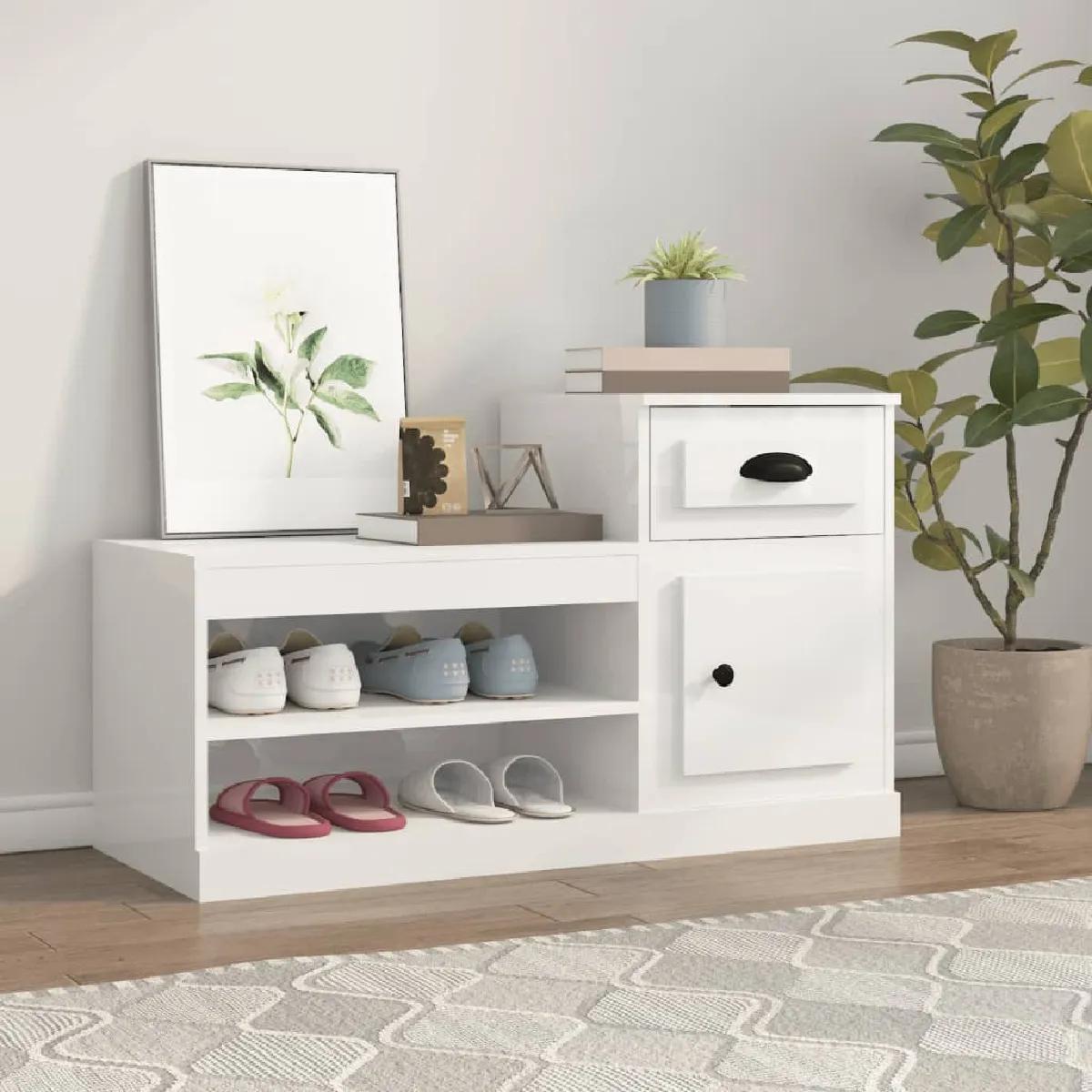 Non Communiqué Blanc Brillant Armoire À Chaussure 100X42x60 Cm Bois Ingénierie - Image 2