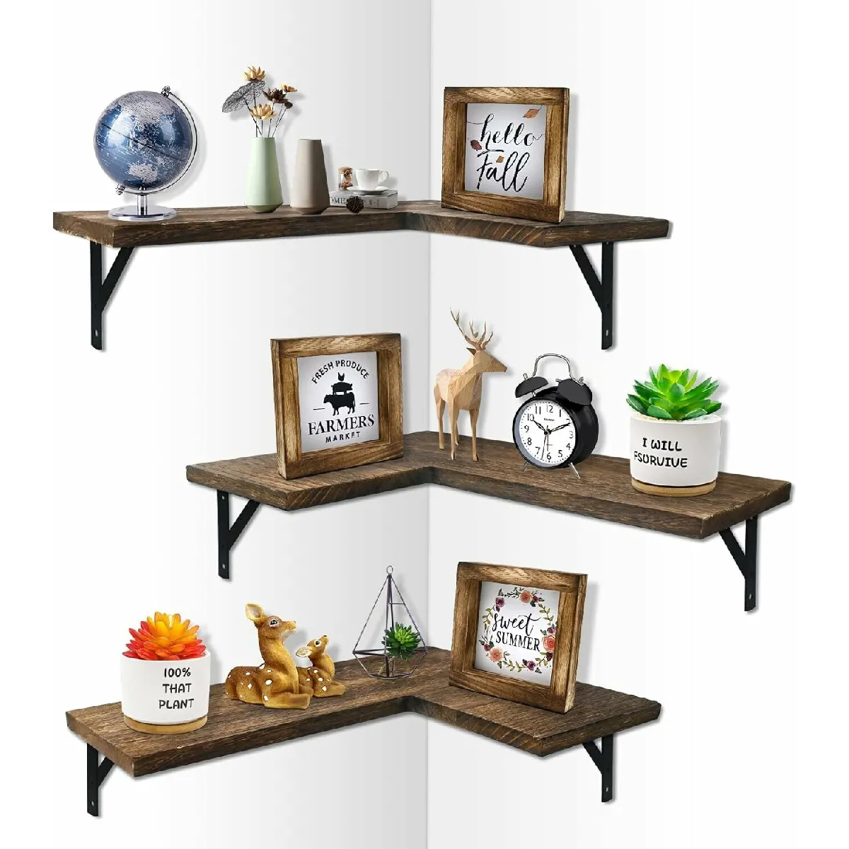 Vendos85 Lot de 3 étagères d'angle murales cuisine - Marron