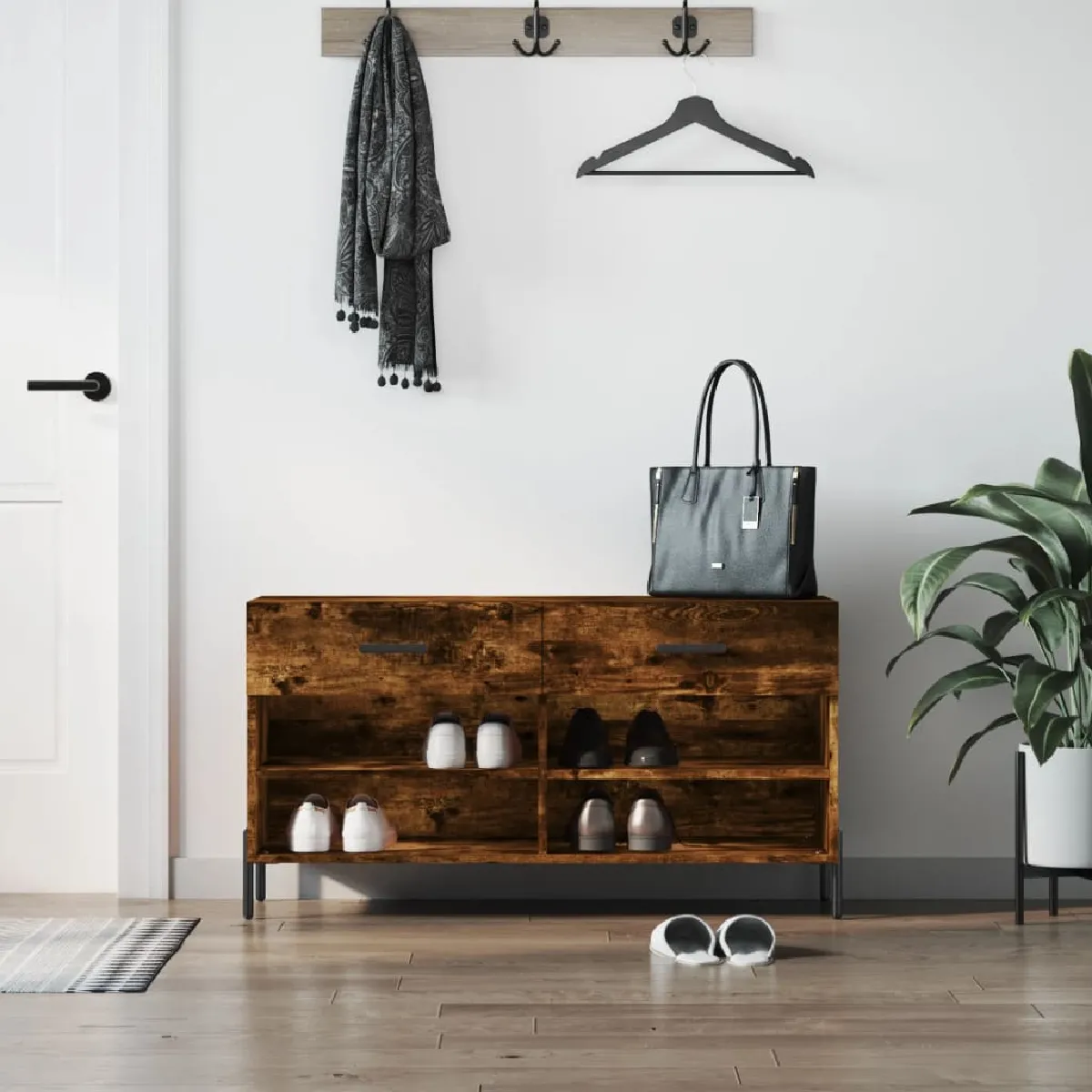 Non Communiqué Marron Banc À Chaussures Chêne Fumé 102X35x55 Cm Bois D Ingénierie - Image 3