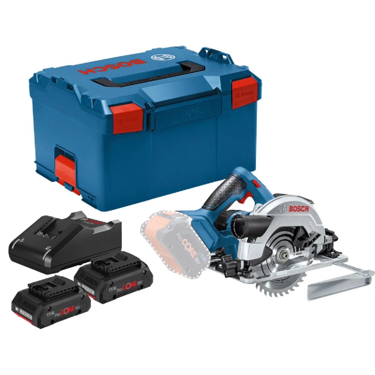 Scie circulaire sans fil Bosch GKS 18V 57 G + 2 batteries ProCORE18V + chargeur GAL 18V 40 + BOXX