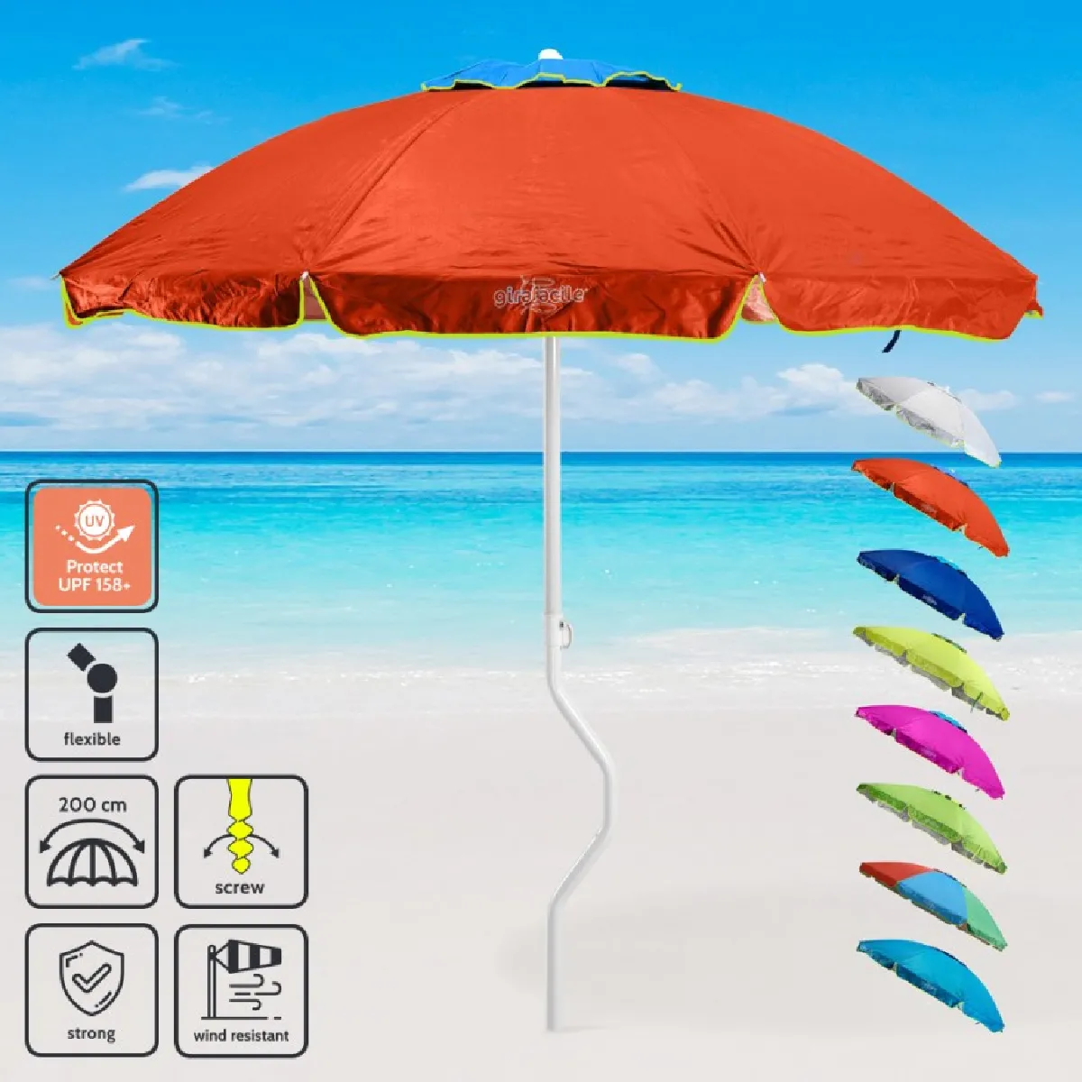 GIRAFACILE Parasol de plage l&eacute;ger visser protection uv  200 cm Ermes, Couleur: Orange
