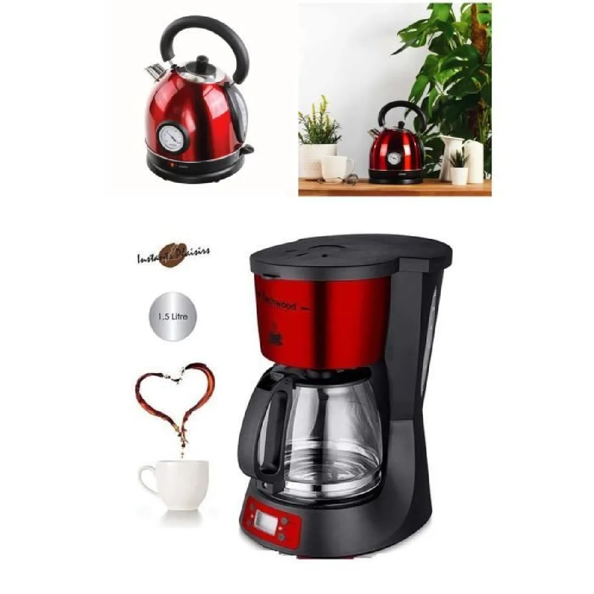 Techwood Set petit déjeuner cafetière + bouilloire rétro - Rouge Techwood Set petit déjeuner cafetière + bouilloire rétro - Rouge