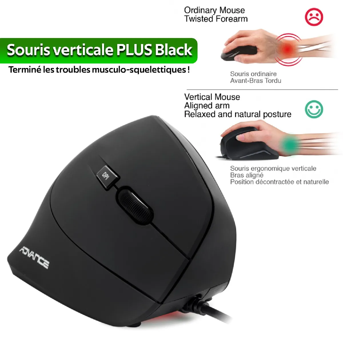 Suza Noir Advance Ergonomic Vertical Plus - Souris Verticale - Pour Droitiers - Optique - 6 Boutons - Filaire - Usb - Image 5