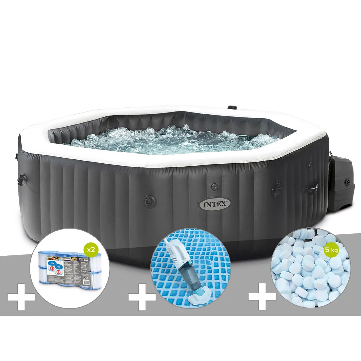 Intex Kit spa gonflable PureSpa Carbone octogonal Bulles et Jets 4 places + 12 filtres + 5 kg de sel + Aspirateur