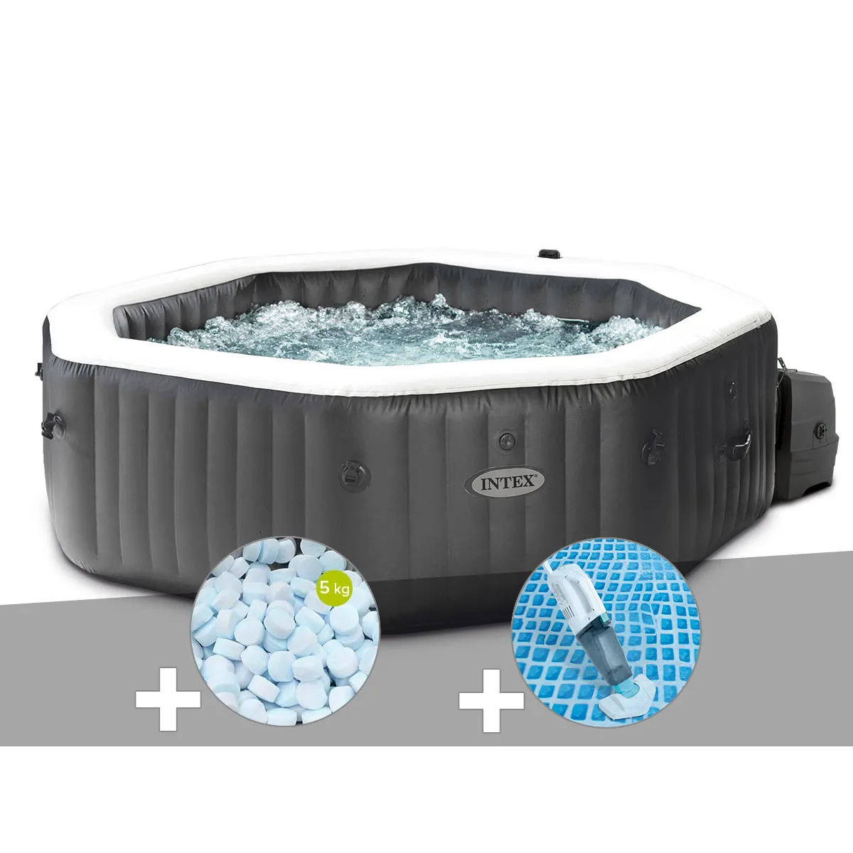 Intex Kit spa gonflable PureSpa Carbone octogonal Bulles et Jets 4 places + 5 kg de sel + Aspirateur