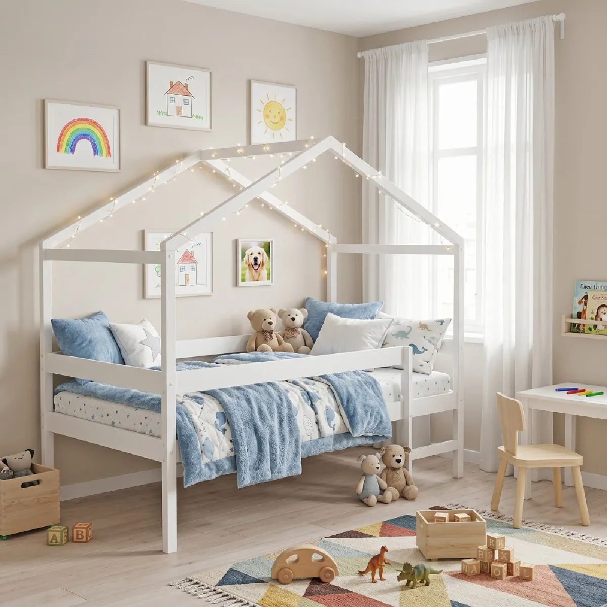 Lit cabane MIKA 90x190 + sommier / Blanc Lit cabane MIKA 90x190 + sommier / Blanc