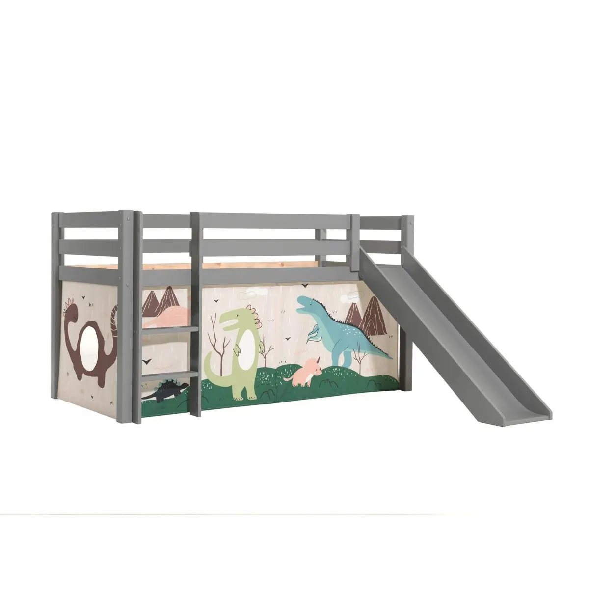 Mes Gris Lit Surélevé Avec Toboggan 90X200 Cm - Décor Dinosaures