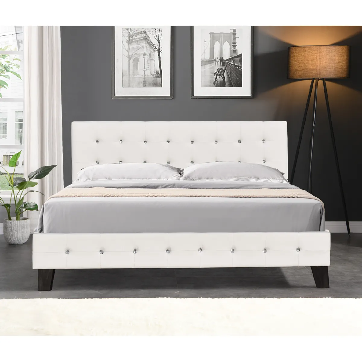King of Dreams Lit et Sommier 140x190 cm - Blanc Capitonné