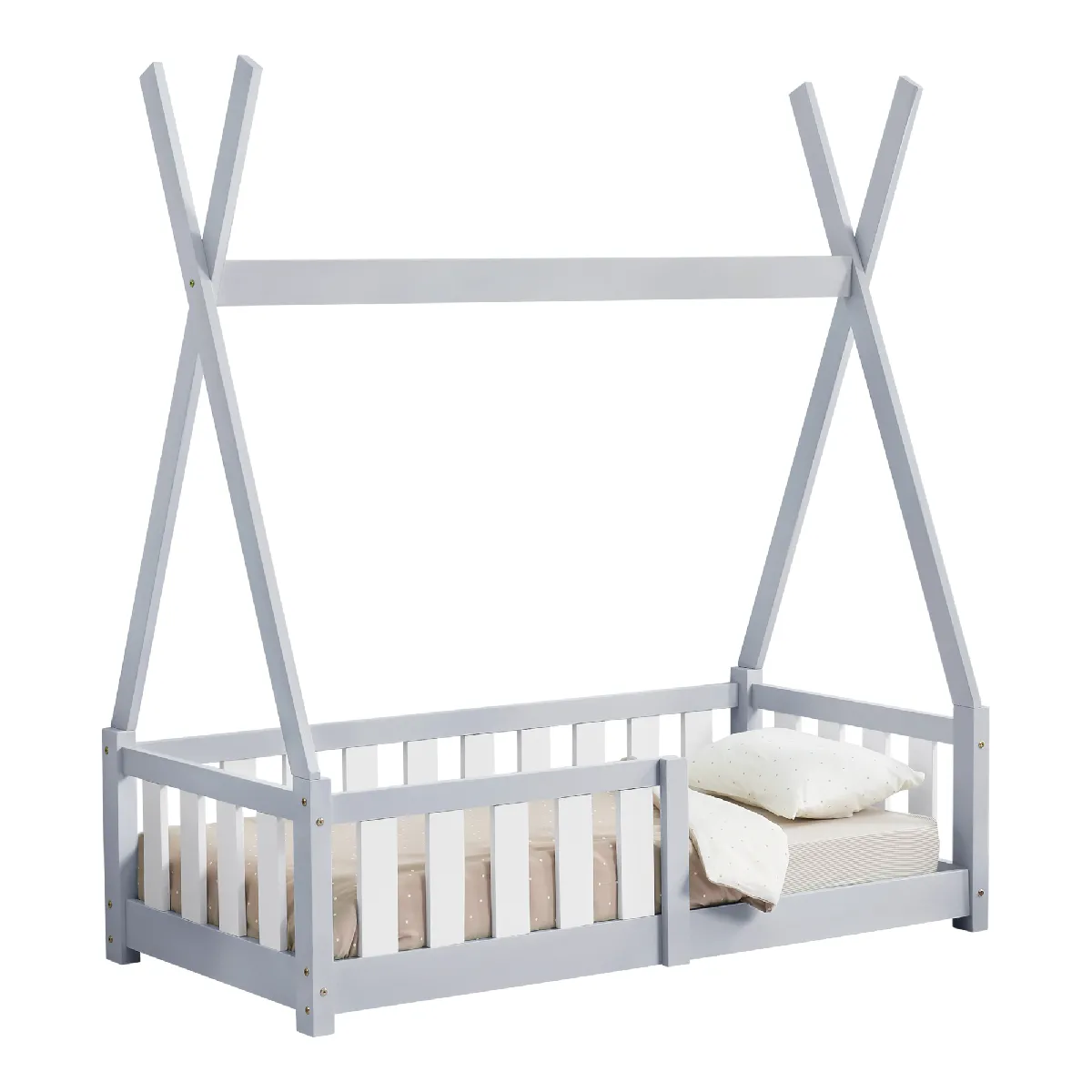 Lit Tipi pour Enfants Helsingborg avec Grille de S&eacute;curit&eacute; Pin 140 x 70 cm Gris Clair