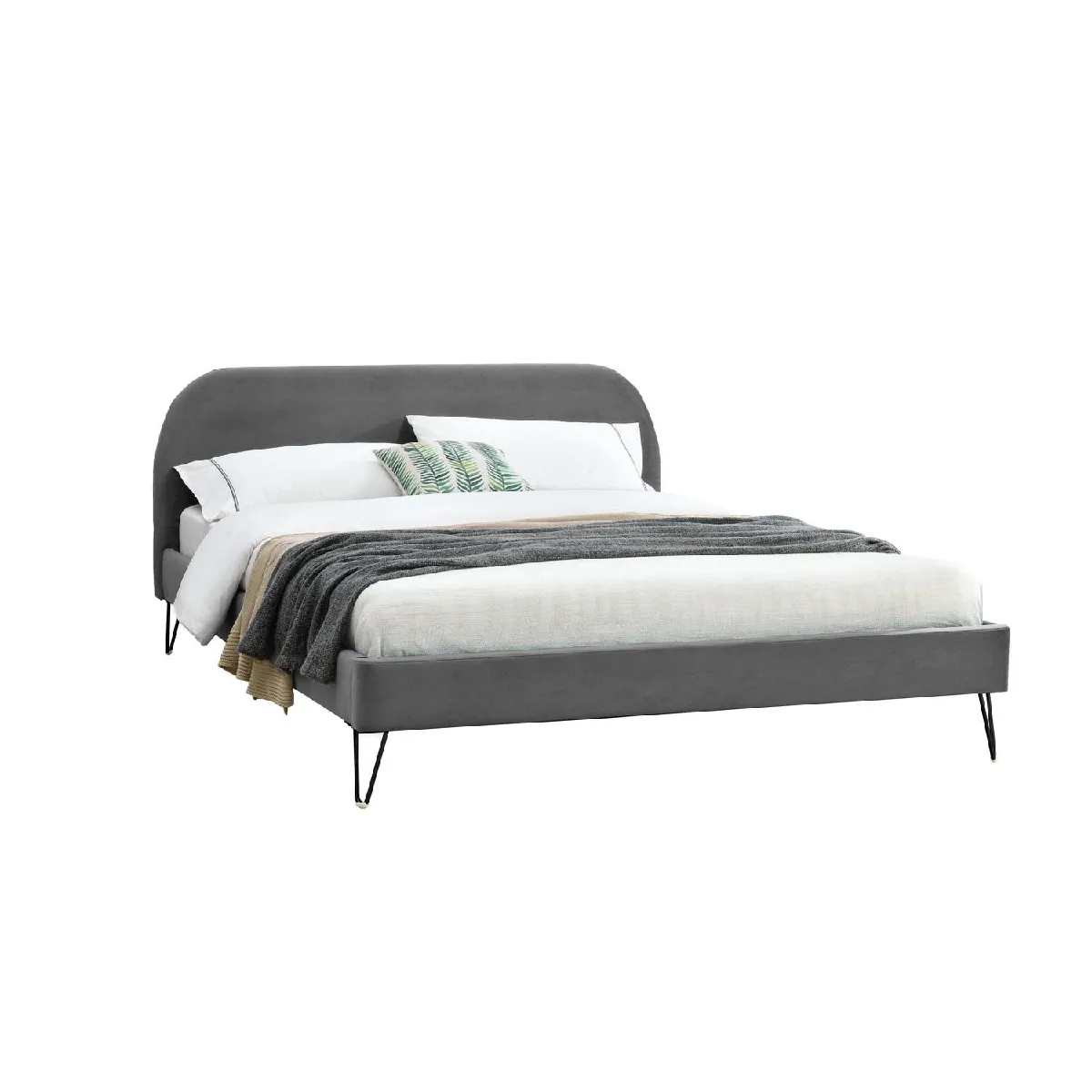 Lit 160 x 200 cm en velours gris et pieds noirs PHOENIX Lit 160 x 200 cm en velours gris et pieds noirs PHOENIX