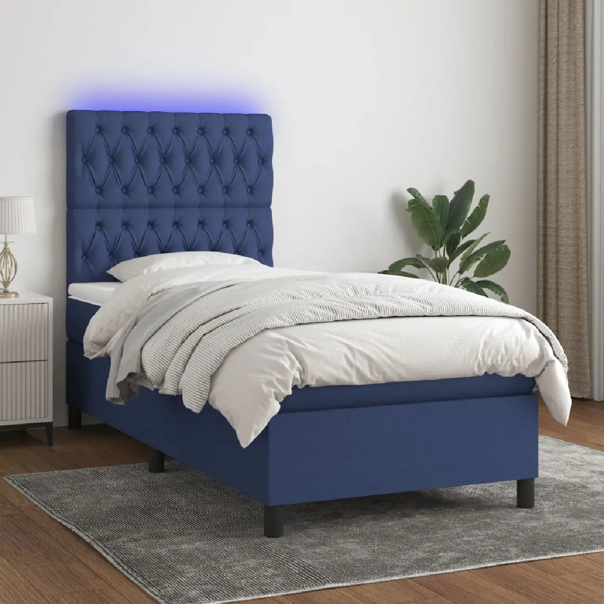 vidaXL Sommier à Lattes et Matelas LED - Bleu 100x200 cm Tissu