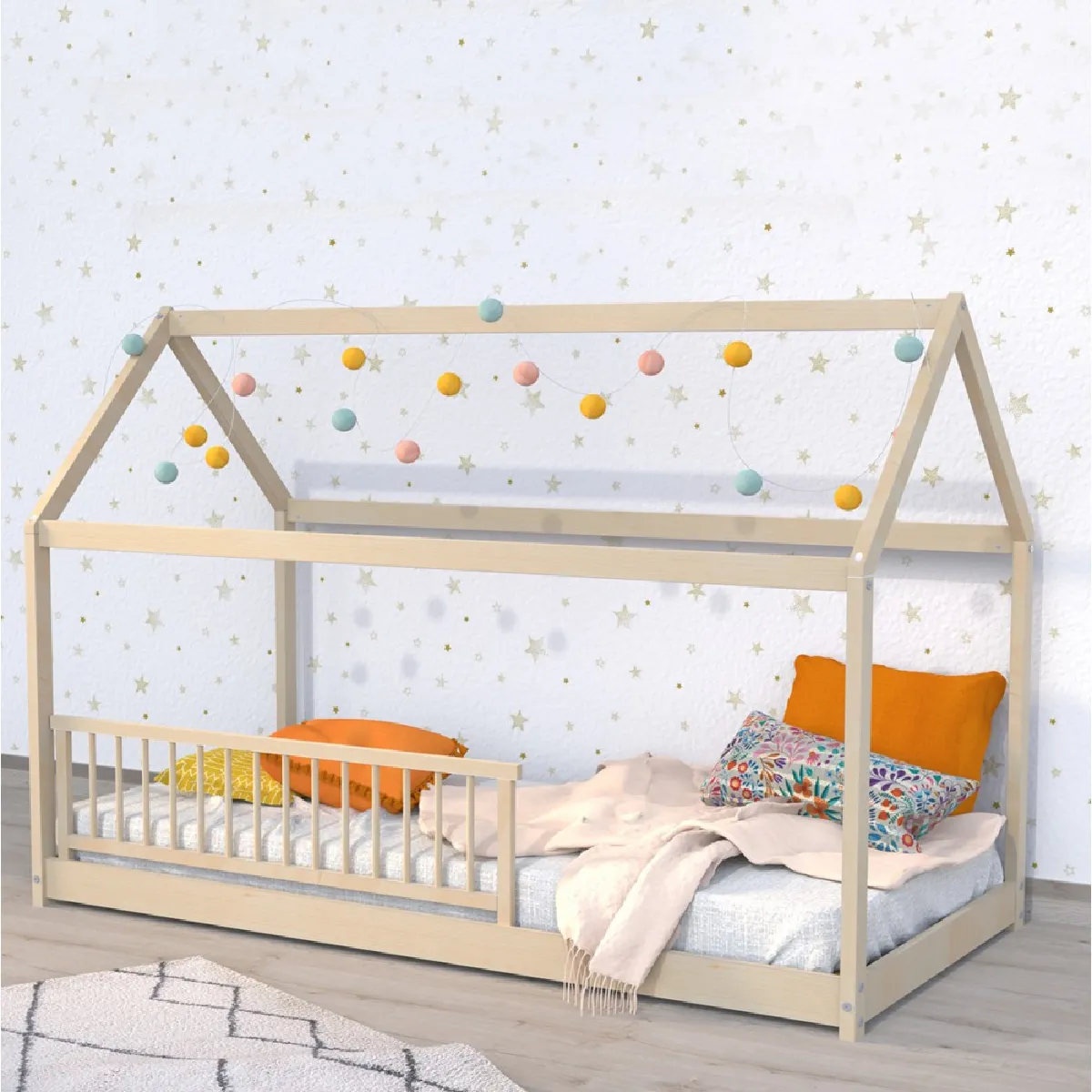 Lit cabane PANDA 90x190 + 1 sommier + barrière /Bois clair Lit cabane PANDA 90x190 + 1 sommier + barrière /Bois clair