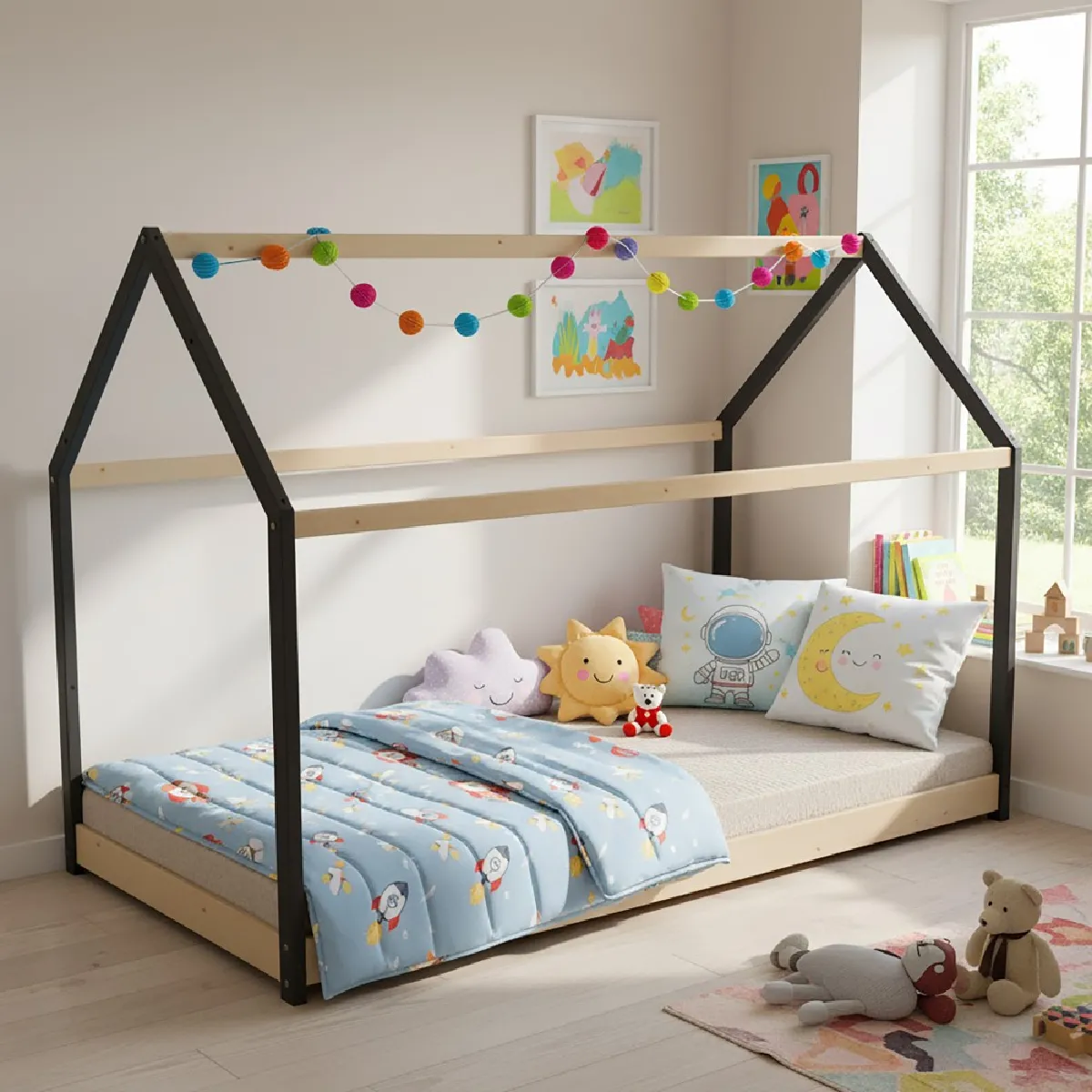 Lit cabane PANDA 90x190 + 1 sommier / Noir et Bois clair