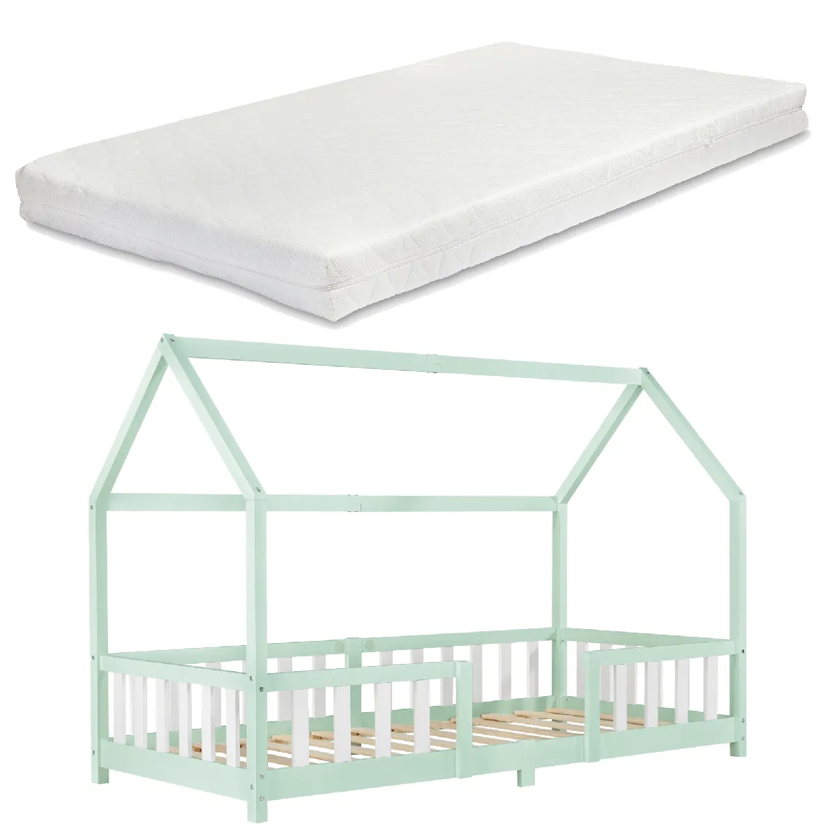 en_casa Lit enfant maison - Menthe et blanc 200x90 cm en_casa Lit enfant maison - Menthe et blanc 200x90 cm