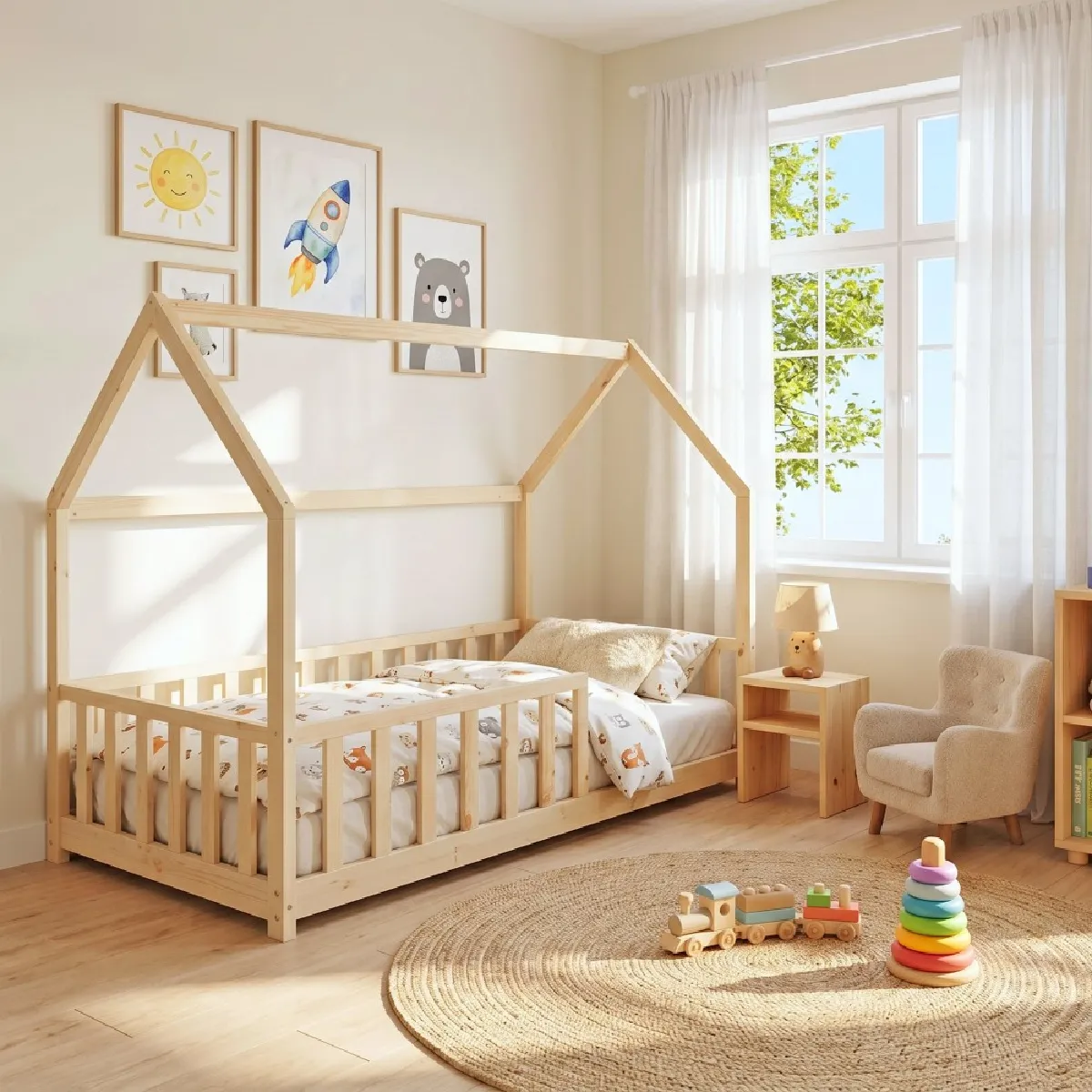 Lit cabane Kiwi 90x200 + 1 sommier + barrière /Bois clair Lit cabane Kiwi 90x200 + 1 sommier + barrière /Bois clair