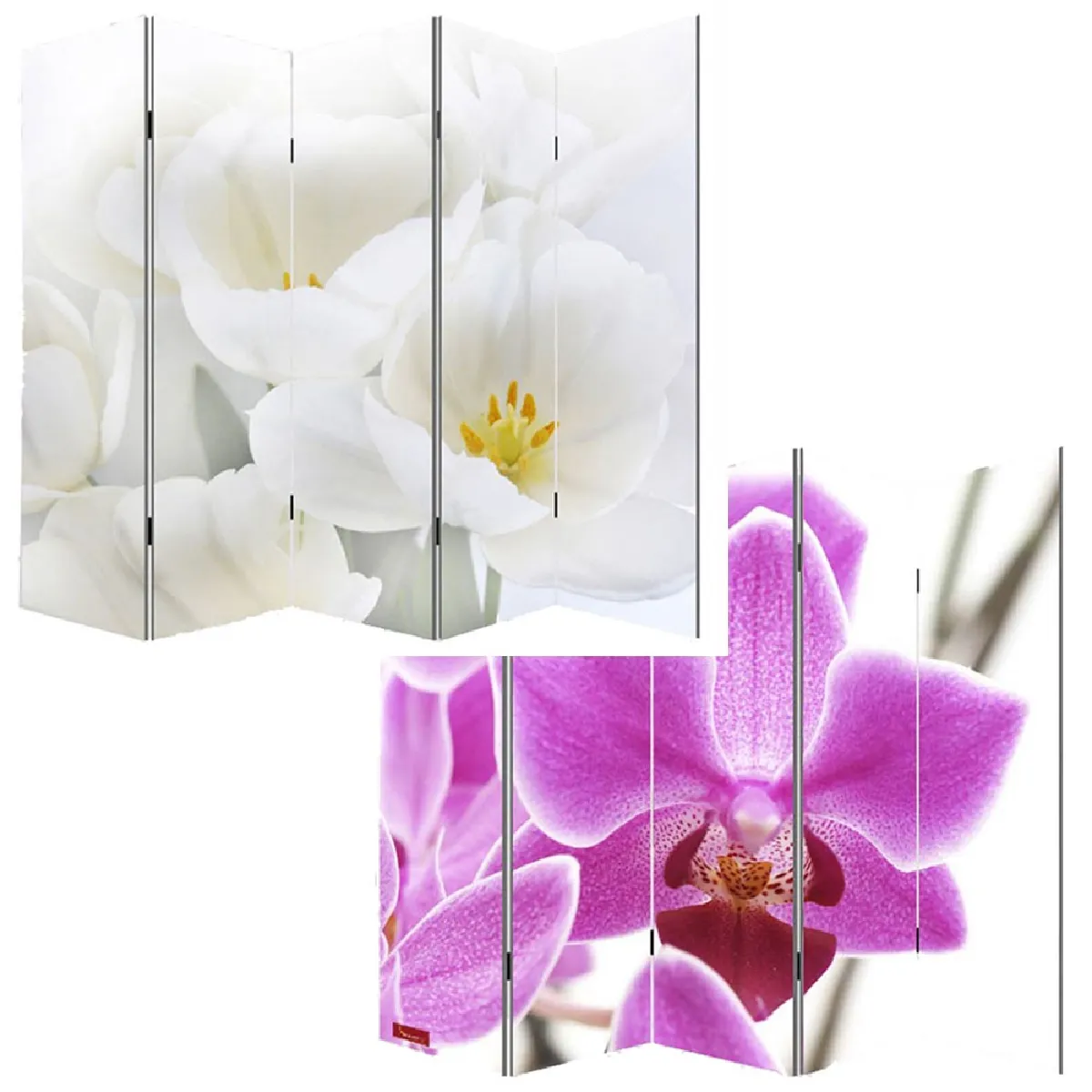 Paravent 5 panneaux pans s&eacute;parateur de pi&egrave;ce 180x200cm motif orchidee - or