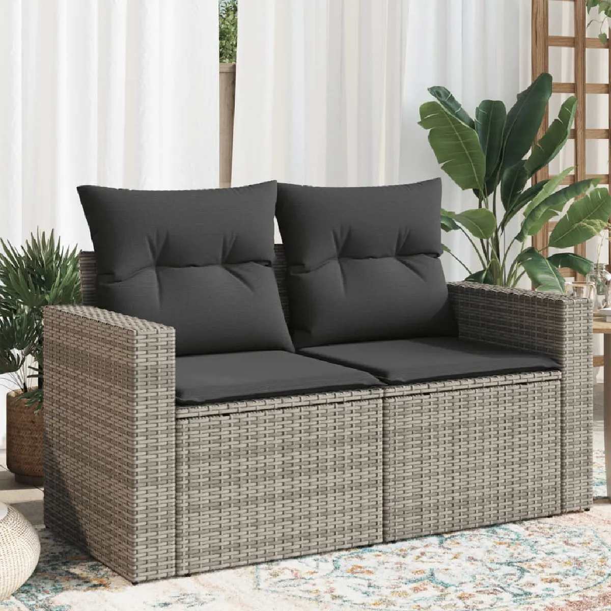 vidaXL Canapé de jardin 2 places avec coussins Résine tressée - vue 6