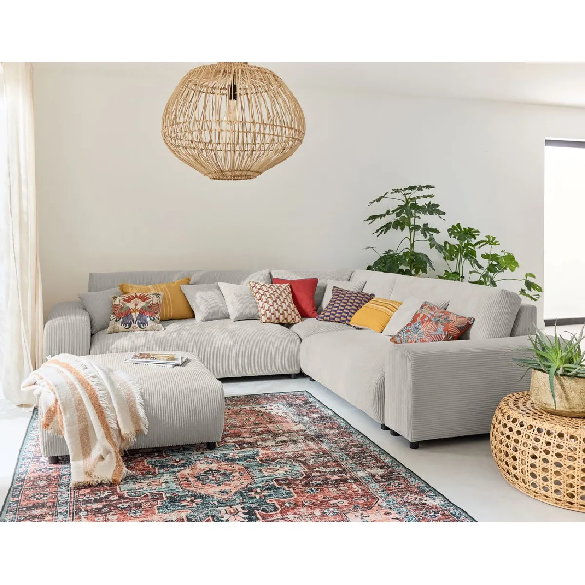 Lisa Design Gris/Clair Garance - Canapé Modulable D'angle Droit - 5 Places - En Velours Côtelé