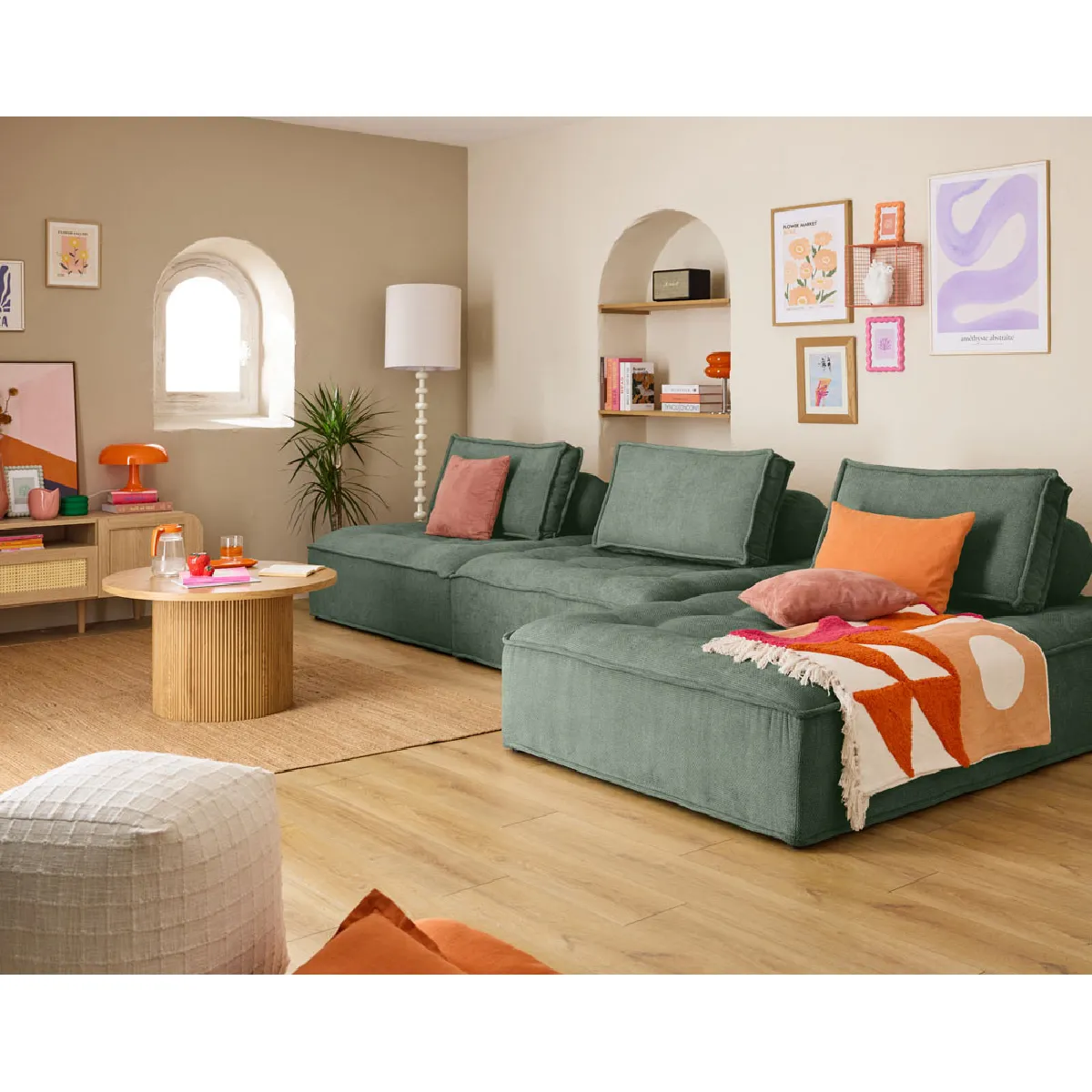 Bestmobilier Vert Marisol - Canapé D'angle Modulable 4 Places - Velours Texturé - Image 3