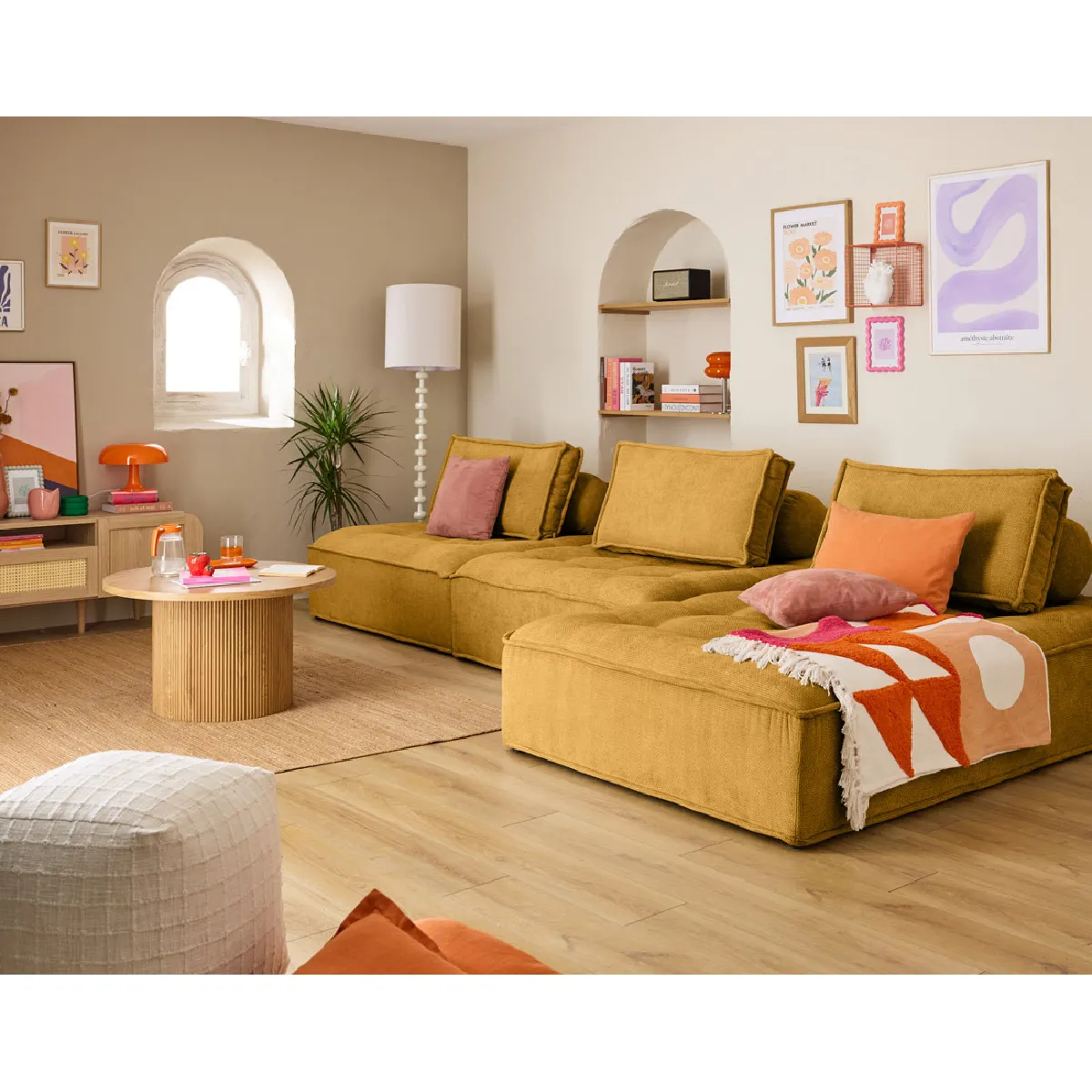 Lisa Design Jaune Marisol - Canapé D'angle Modulable 4 Places - Velours Texturé