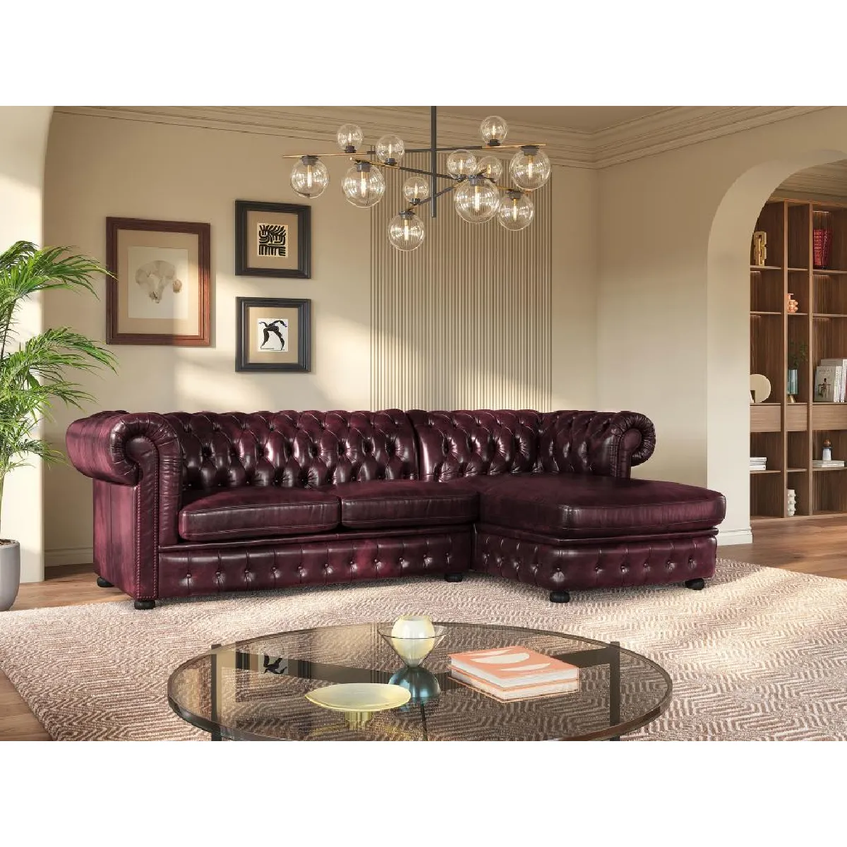 Vente-Unique Canapé d'angle chesterfield BRENTON - Cuir Bordeaux