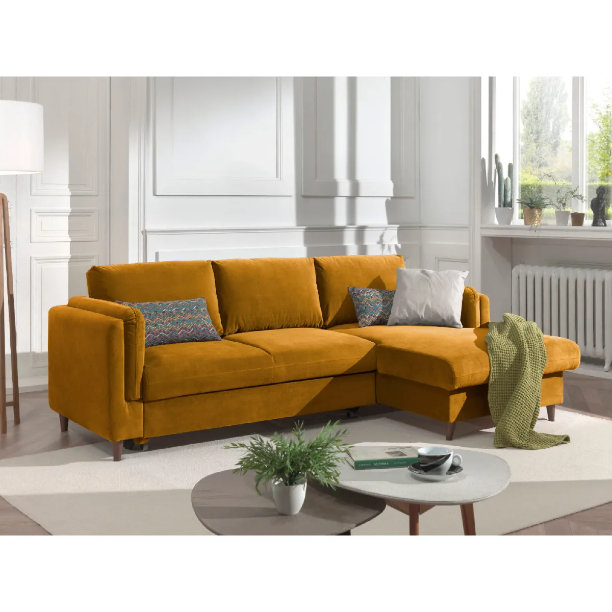 Lisa Design Jaune Brooke - Canapé D'angle Droit - Convertible Avec Coffre - 4 Places - En Velours