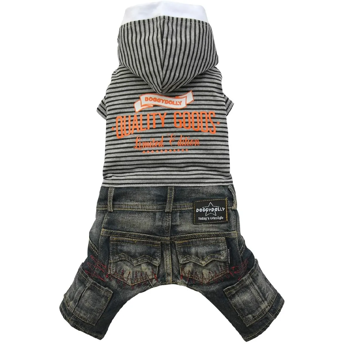 Meilleurs prix pour Doggy dolly C245 Combi Jeans pour Chien avec Capuche T-Shirt rayé Noir/Gris