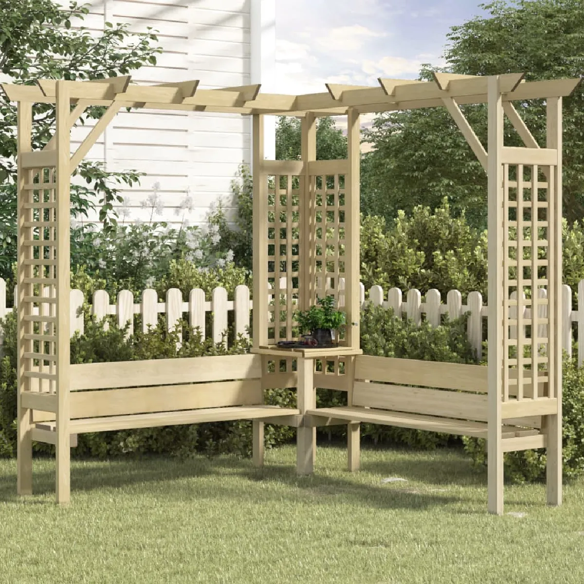 vidaXL Pergola d'angle avec banc Bois de pin imprégné - vue 2