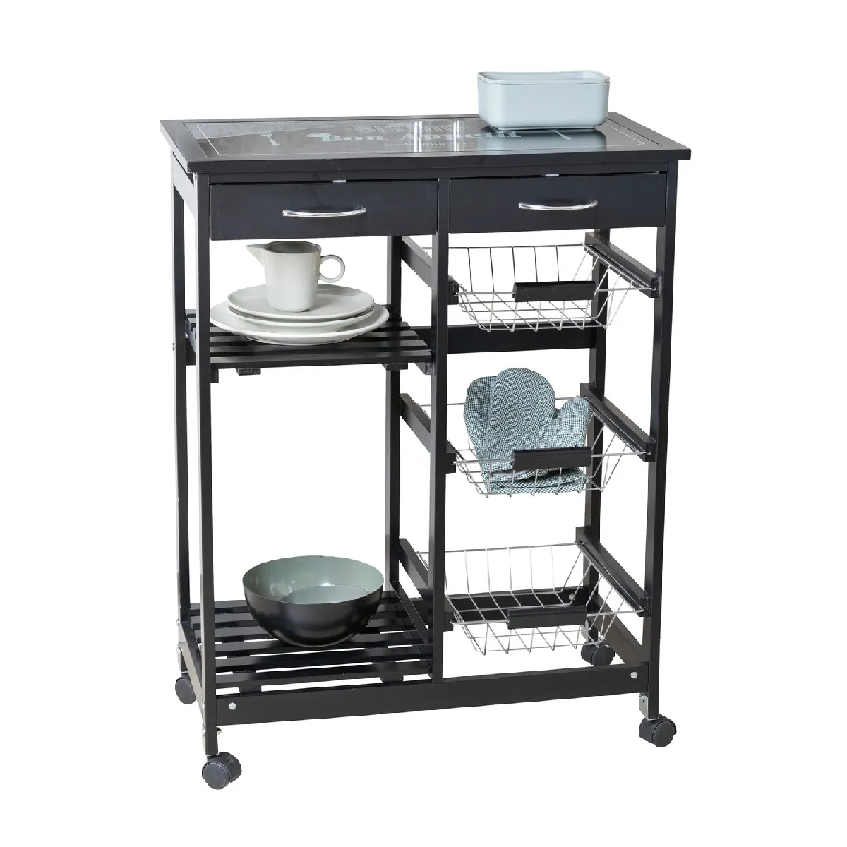 Desserte de cuisine à roulettes bois Bon Appetit - L. 67 x H. 86 cm - Noir