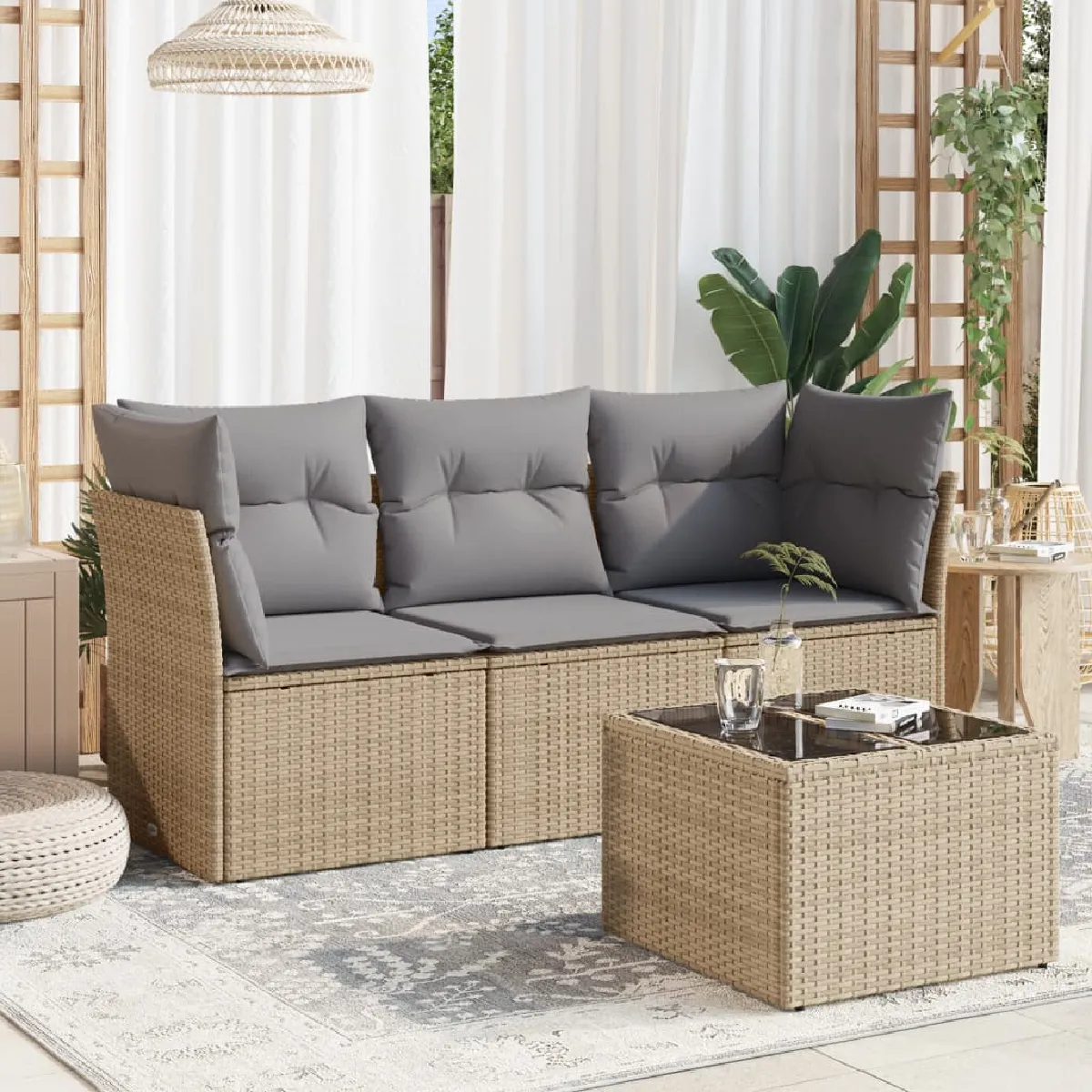 Vidaxl Salon De Jardin 4 Pièces Avec Coussins Beiges